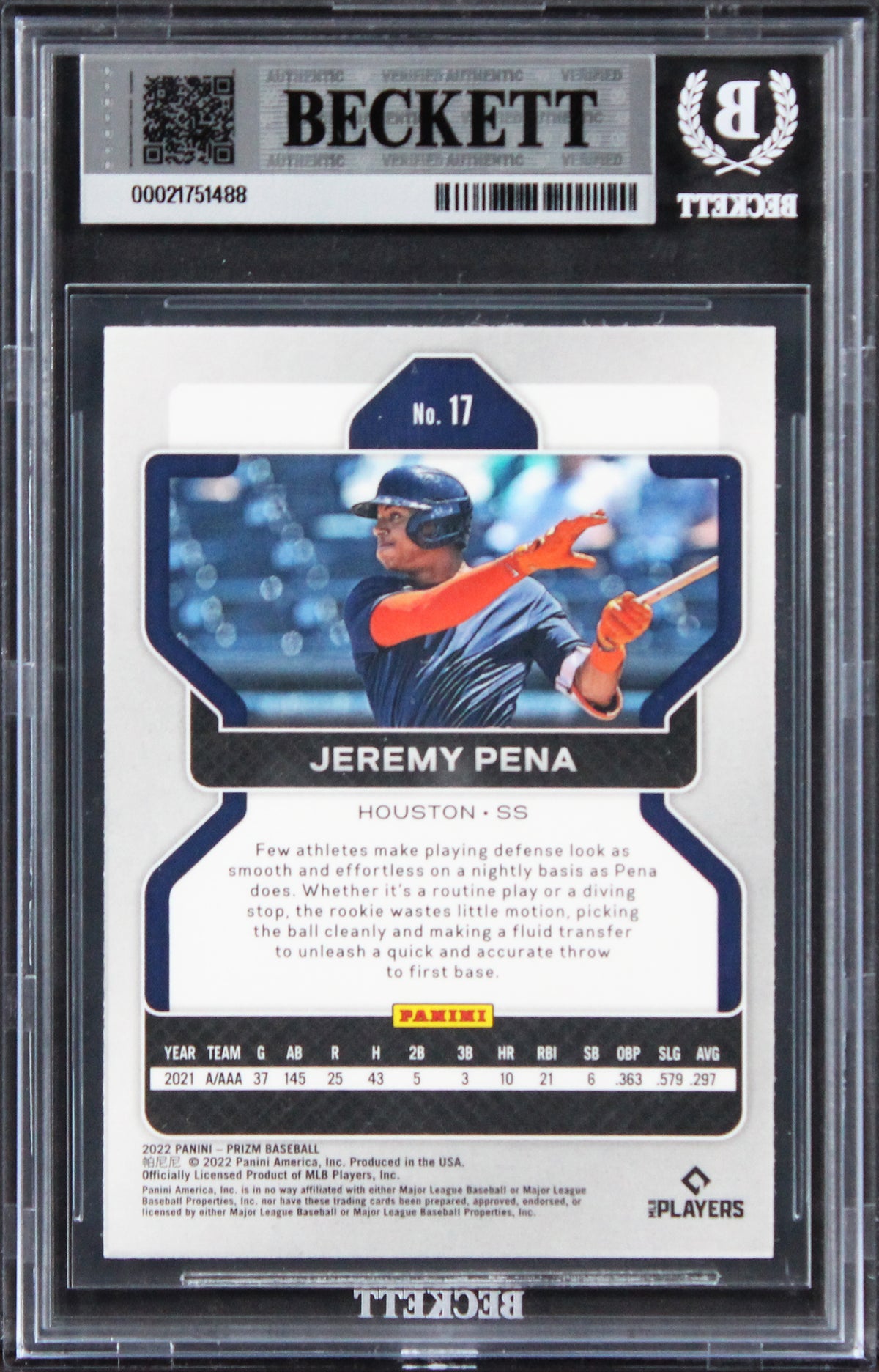 Astros Jeremy Pena 2022 Panini Prizm #17 Rookie Card Autographed BAS Slabbed