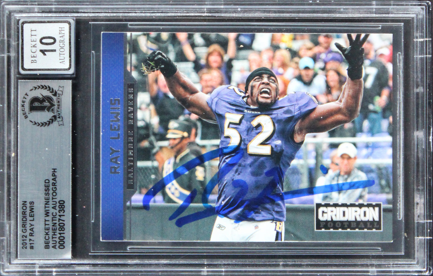Ravens Ray Lewis Signed 2012 Gridiron #17 Card Auto Graded Mint 10! BAS Slabbed