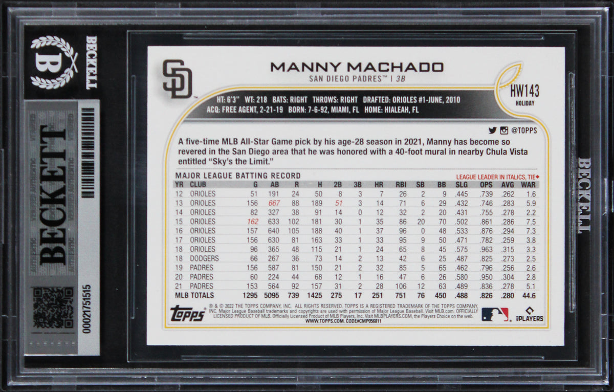 Padres Manny Machado Authentic Signed 2022 Topps Holiday #HW143 Card BAS Slabbed