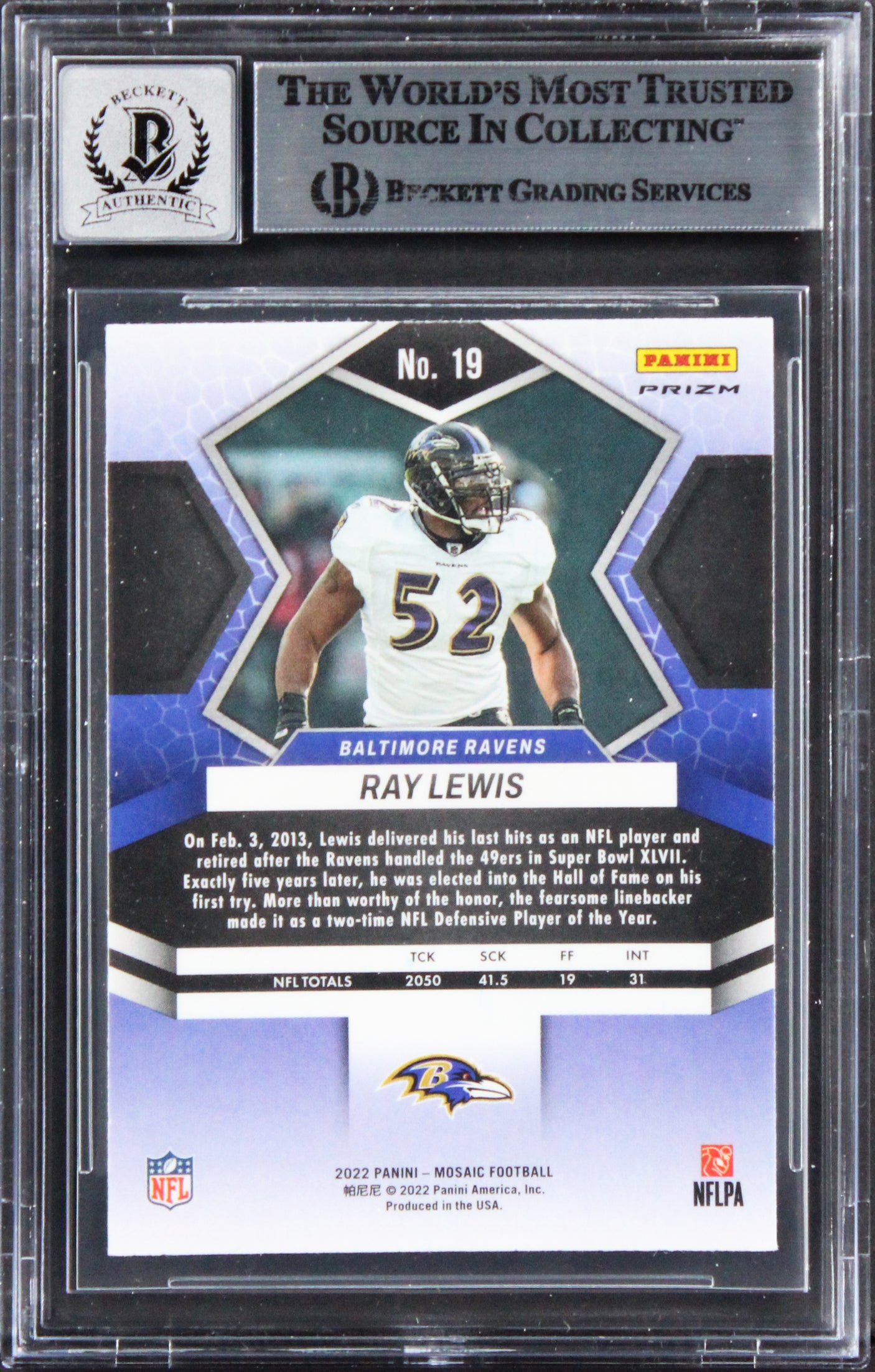 Ray Lewis Signed 2022 Panini Mosaic Reactive Orange #19 Card Auto 10! BAS Slab