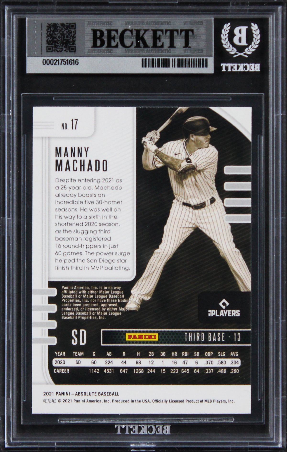 Padres Manny Machado Authentic 2021 Absolute #17 Card Autographed BAS Slabbed