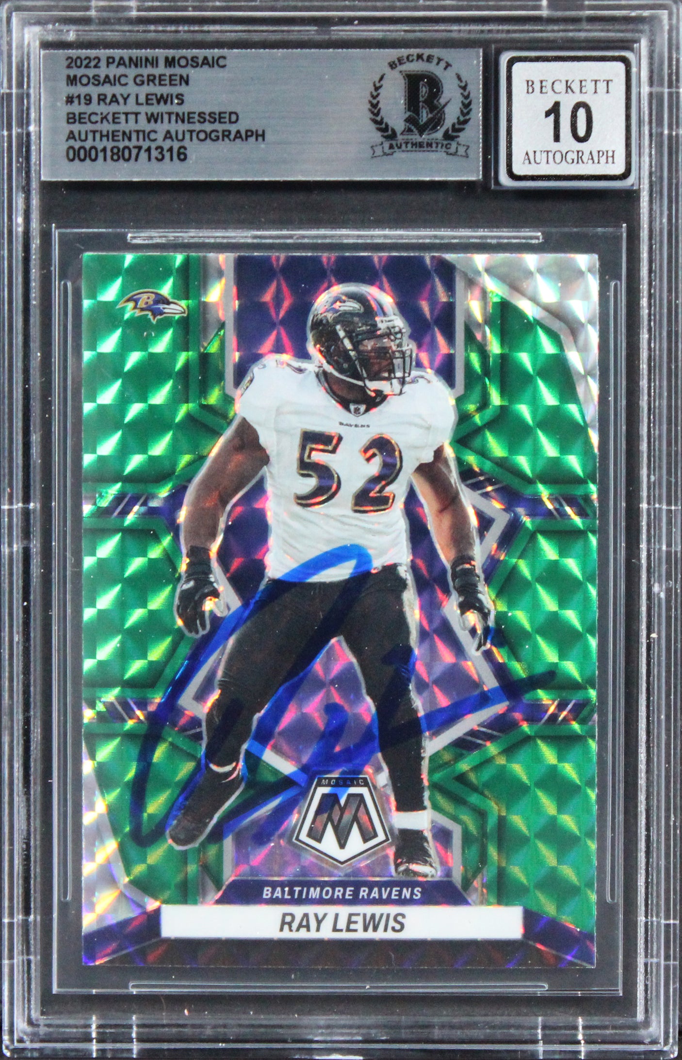 Ravens Ray Lewis Signed 2022 Panini Mosaic Green #19 Card Auto 10! BAS Slabbed