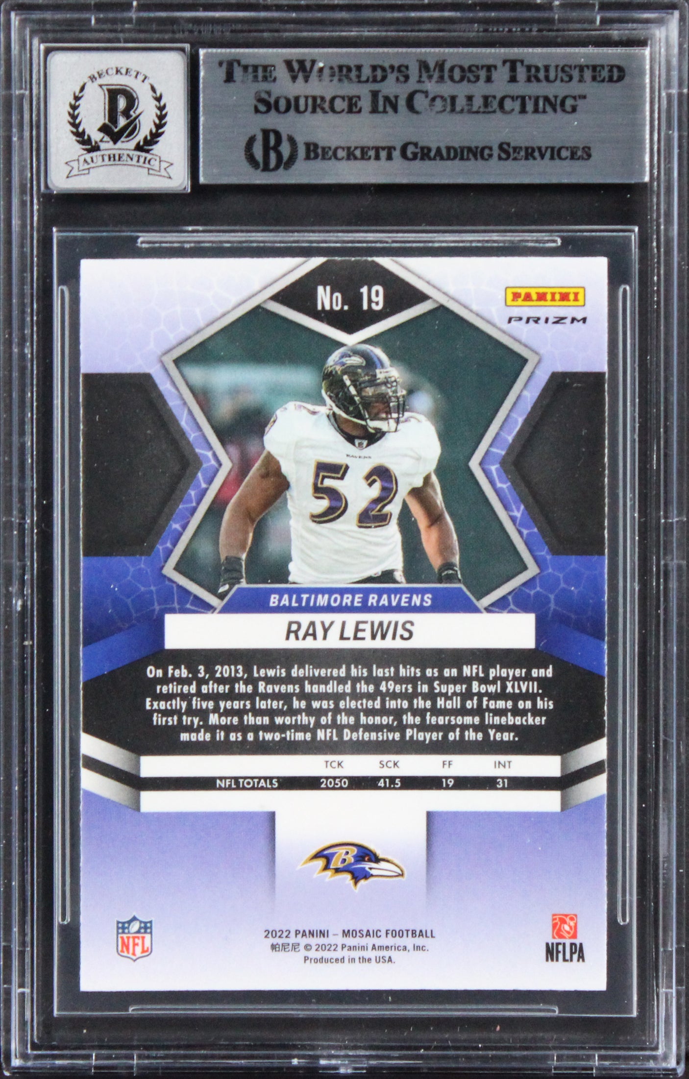 Ravens Ray Lewis Signed 2022 Panini Mosaic Green #19 Card Auto 10! BAS Slabbed