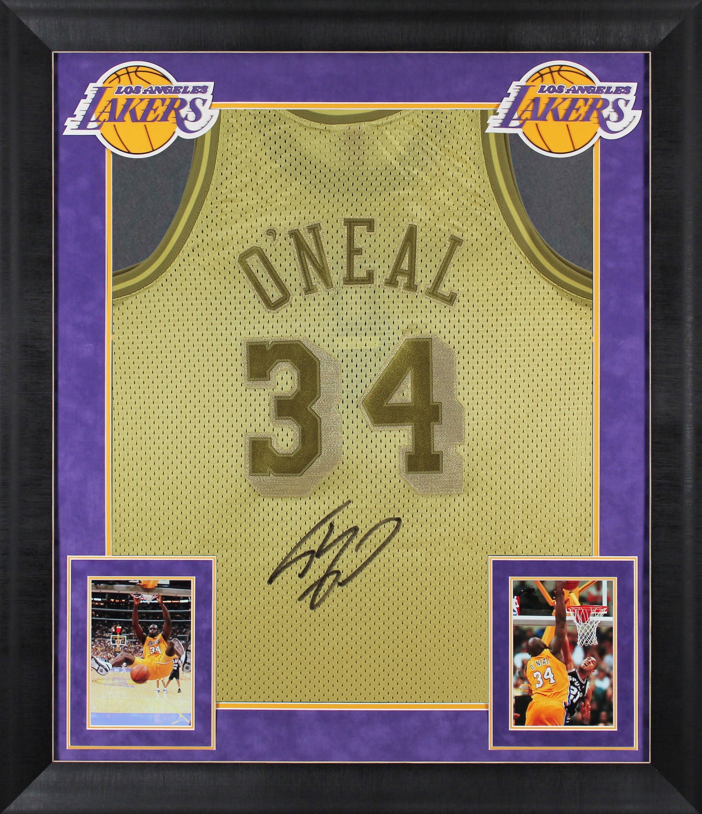 Lakers Shaquille O'Neal Signed Gold 96-97 M&N HWC Swingman Framed Jersey BAS Wit