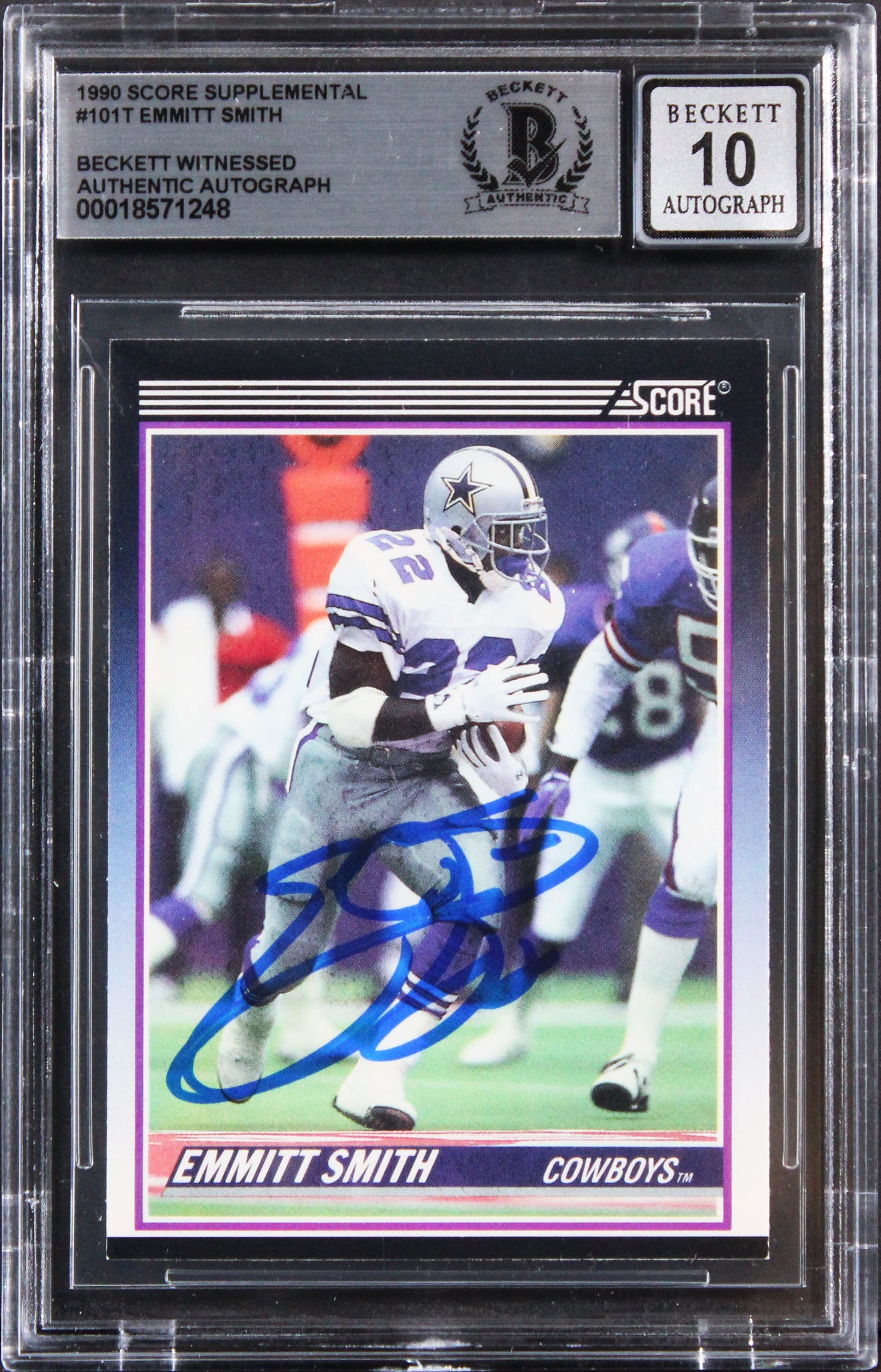 Emmitt Smith Signed 1990 Score Supplemental #101T RC Card Auto 10! BAS Slabbed