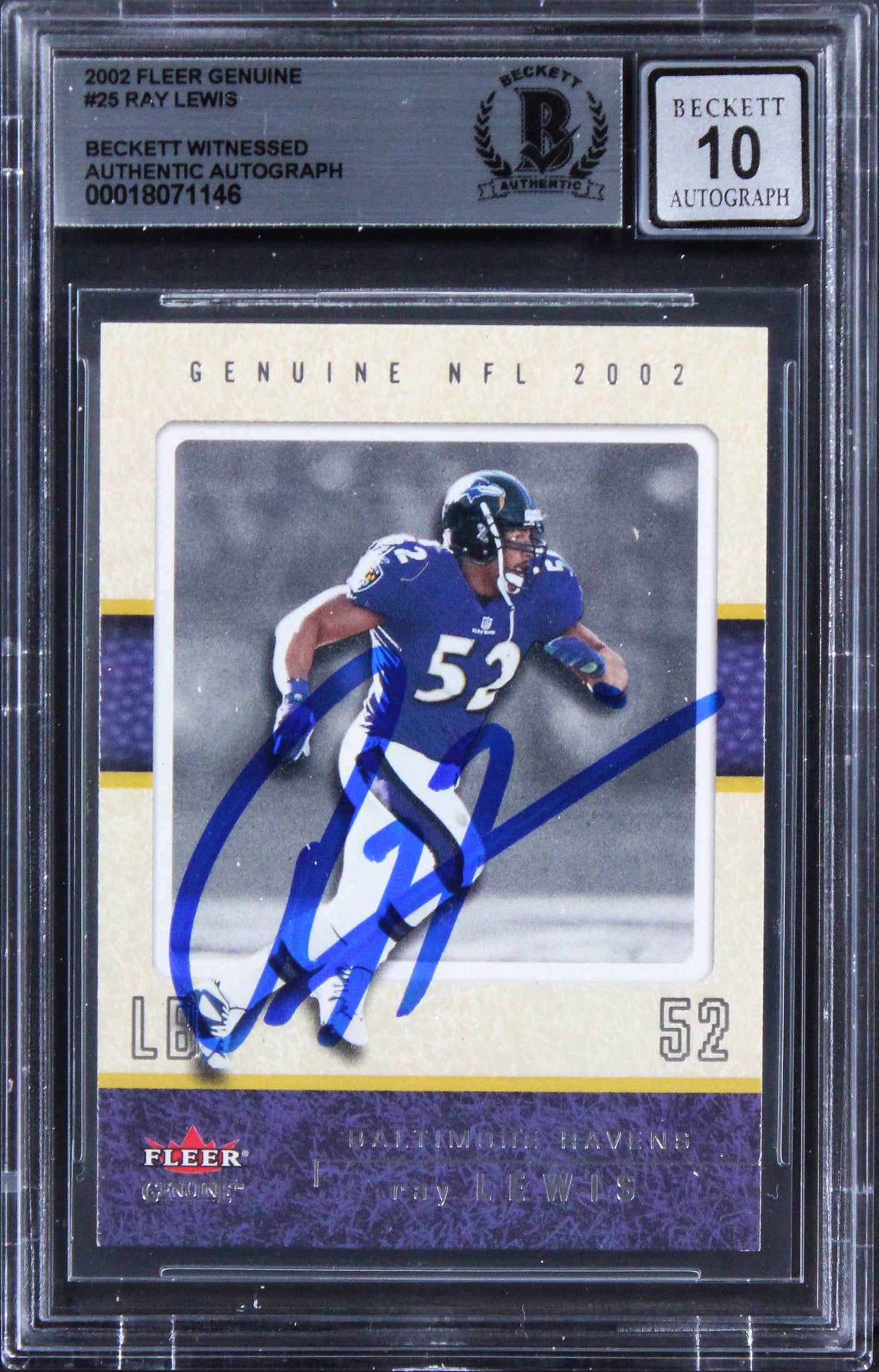 Ravens Ray Lewis Signed 2002 Fleer Genuine #25 Card Auto Graded 10! BAS Slabbed