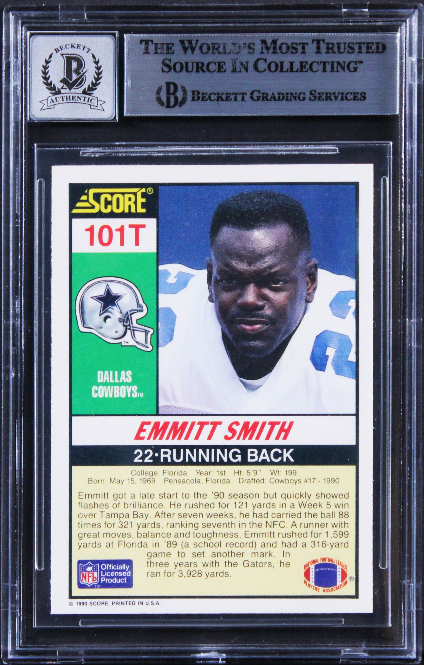 Emmitt Smith Signed 1990 Score Supplemental #101T RC Card Auto 10! BAS Slabbed