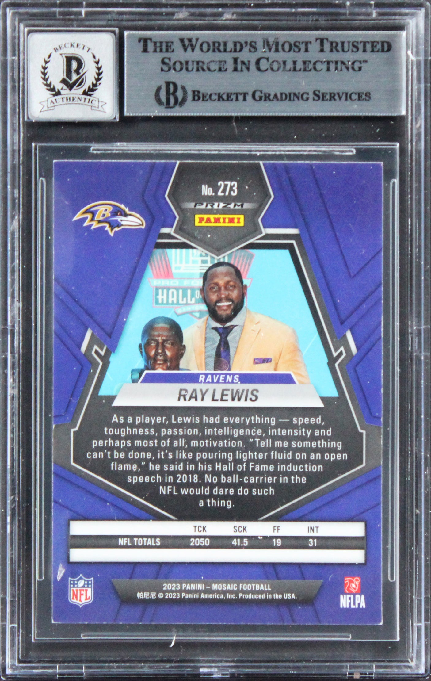 Ravens Ray Lewis Signed 2022 Panini Mosaic #273 Card Auto Graded 10! BAS Slabbed