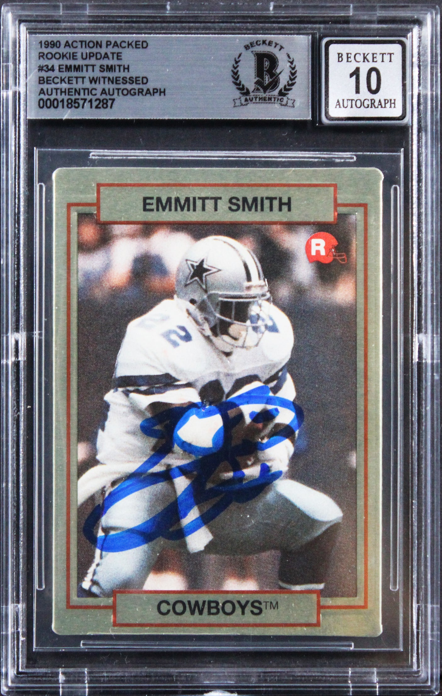 Emmitt Smith Signed 1990 Action Packed Rookie Update #34 Card Auto 10! BAS Slab