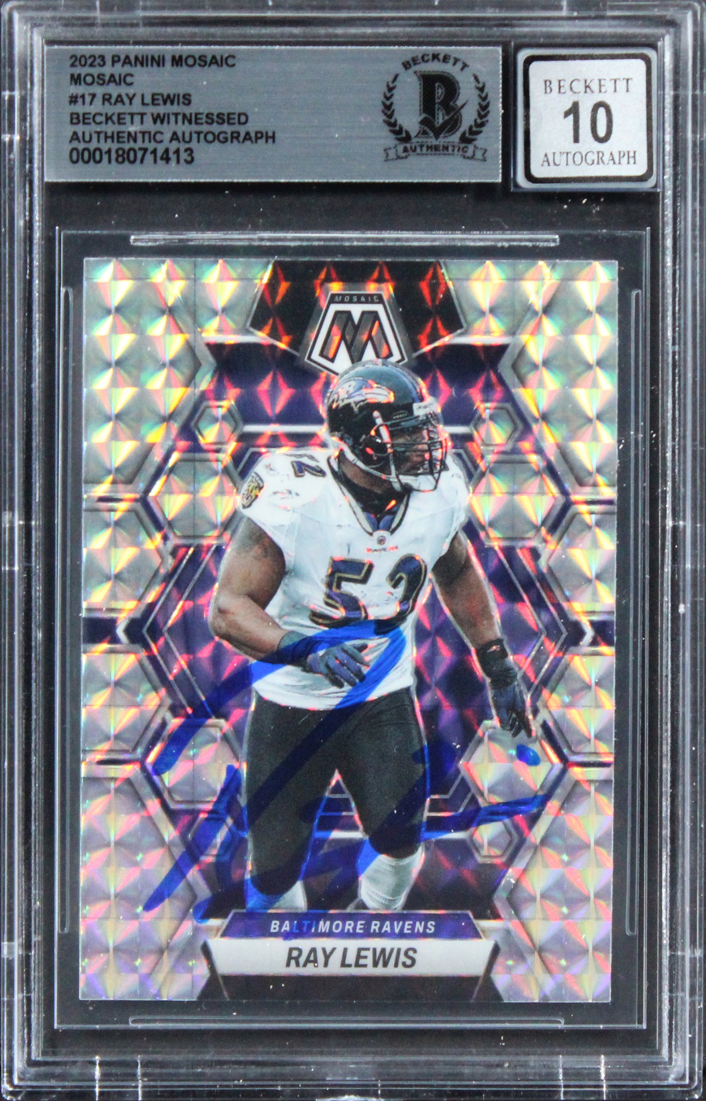 Ravens Ray Lewis Signed 2023 Panini Mosaic #17 Card Auto Graded 10! BAS Slabbed