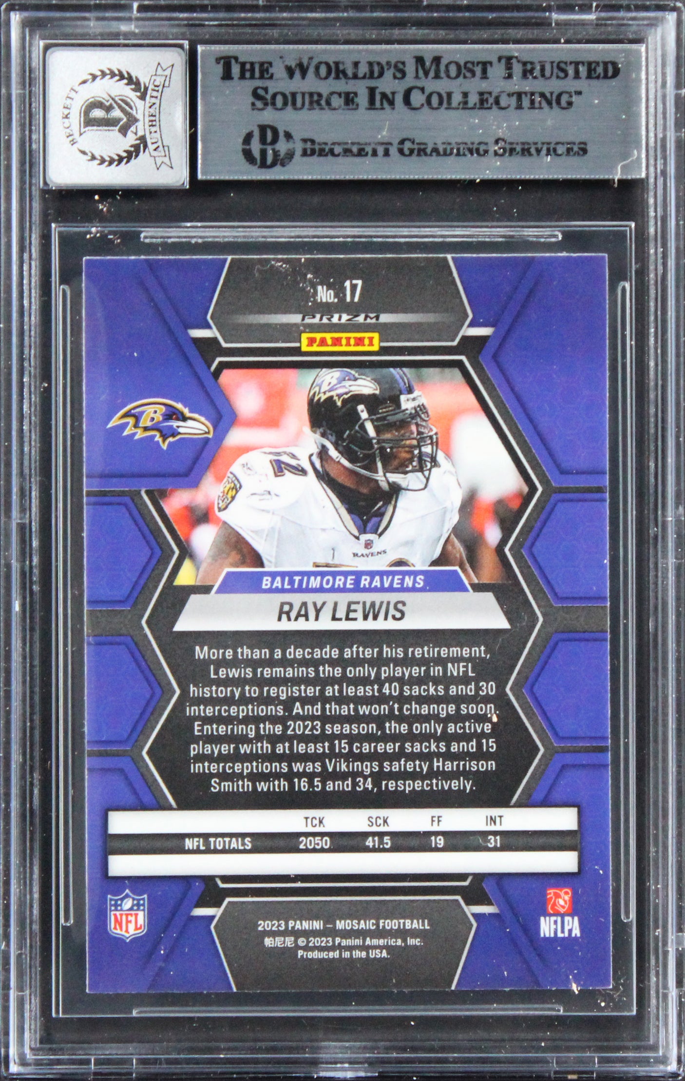 Ravens Ray Lewis Signed 2023 Panini Mosaic #17 Card Auto Graded 10! BAS Slabbed