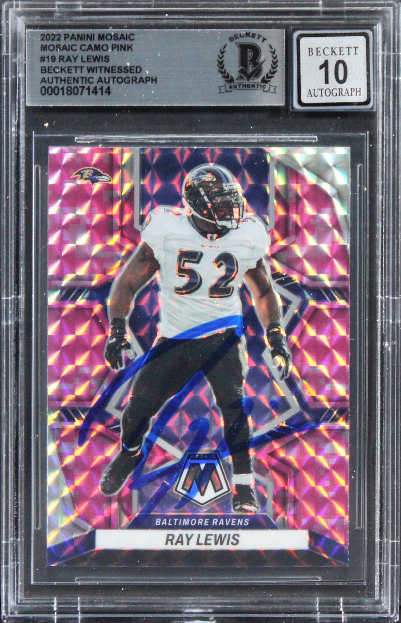 Ravens Ray Lewis Signed 2022 Panini Mosaic Camo Pink #19 Card Auto 10! BAS Slab
