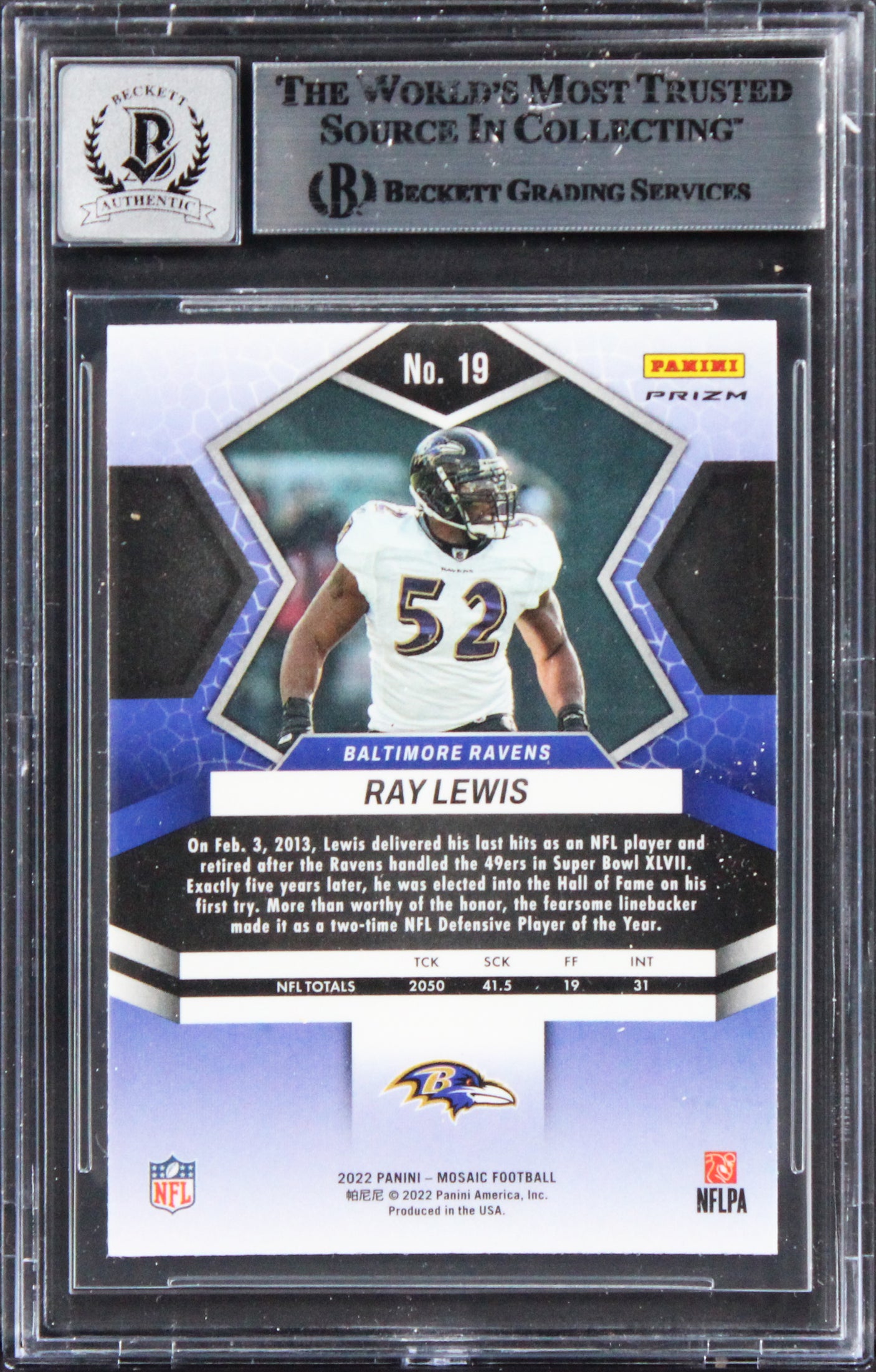 Ravens Ray Lewis Signed 2022 Panini Mosaic Camo Pink #19 Card Auto 10! BAS Slab