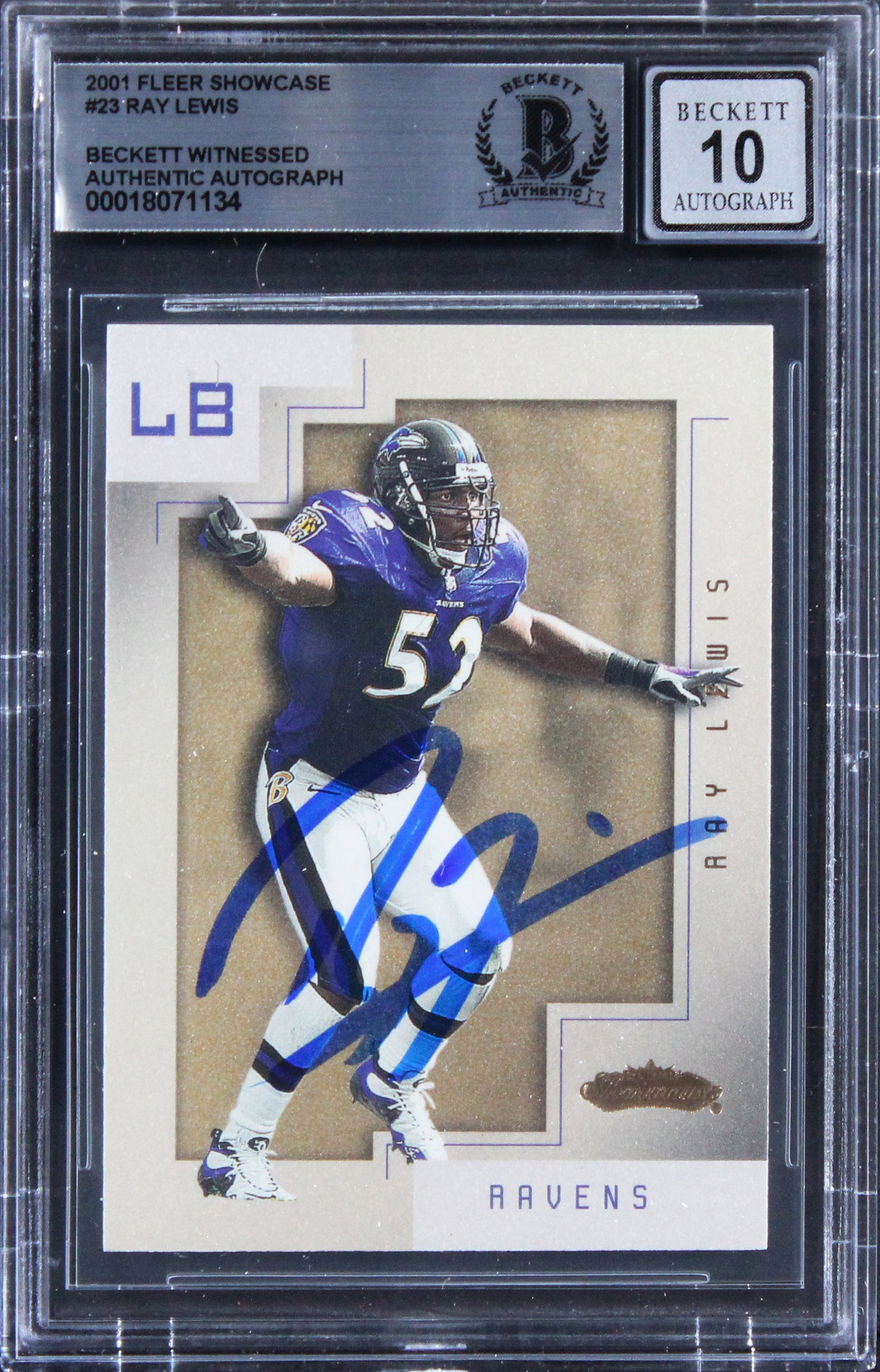 Ravens Ray Lewis Signed 2001 Fleer Showcase #23 Card Auto Graded 10! BAS Slabbed