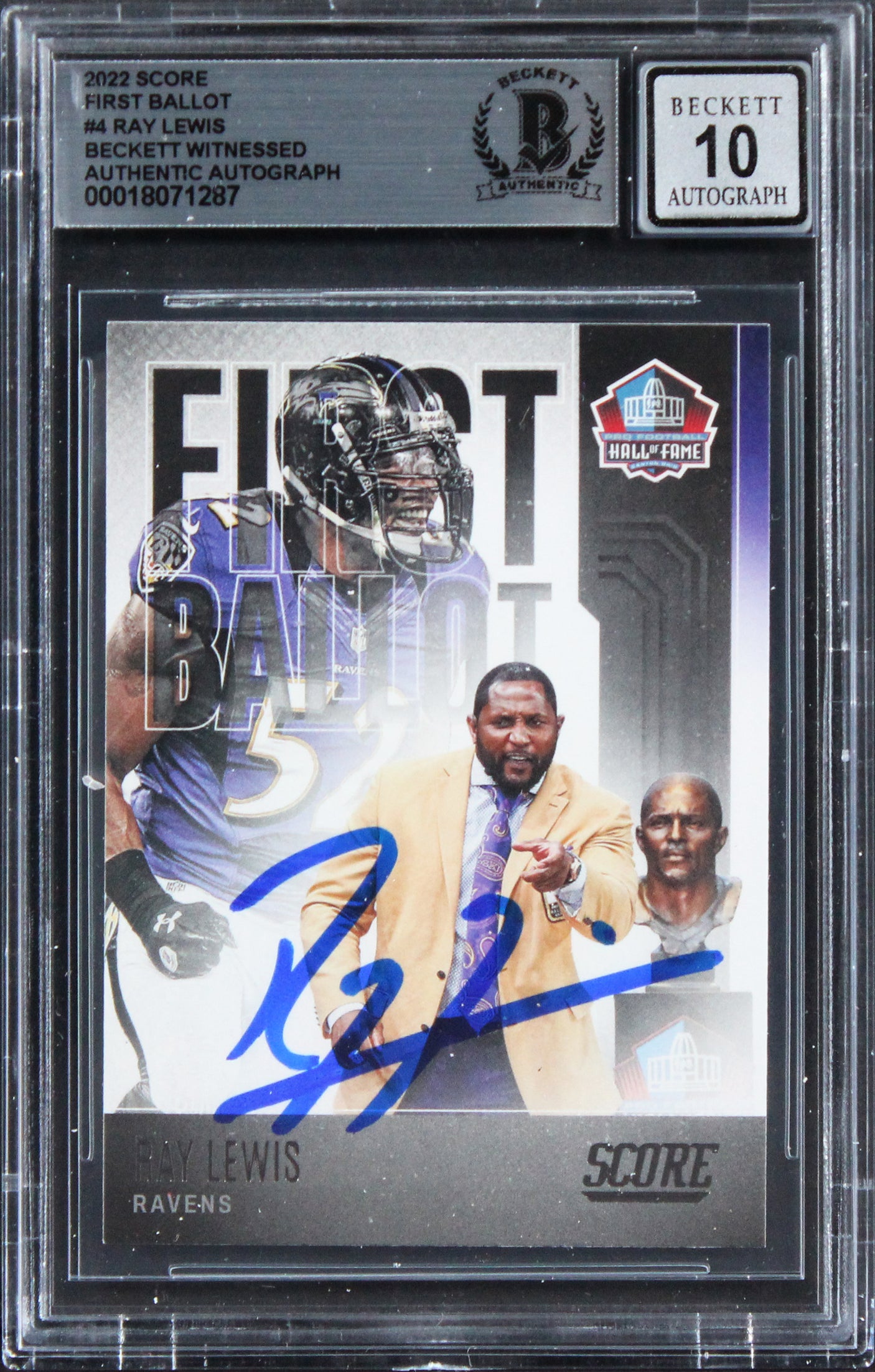 Ravens Ray Lewis Signed 2022 Score First Ballor #4 Card Auto GM 10! BAS Slabbed