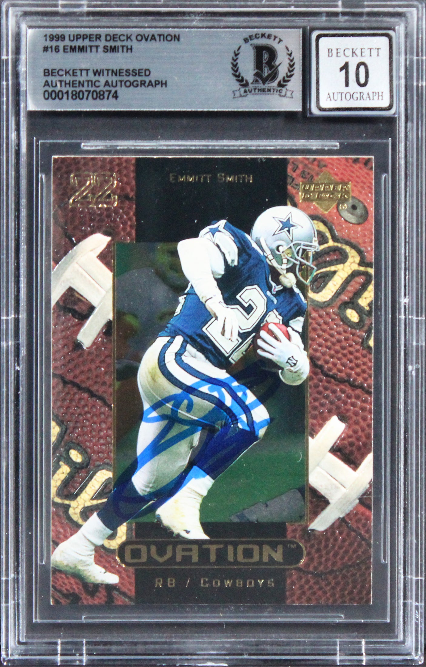 Cowboys Emmitt Smith Signed 1999 Upper Deck Ovation #16 Card Auto 10! BAS Slab