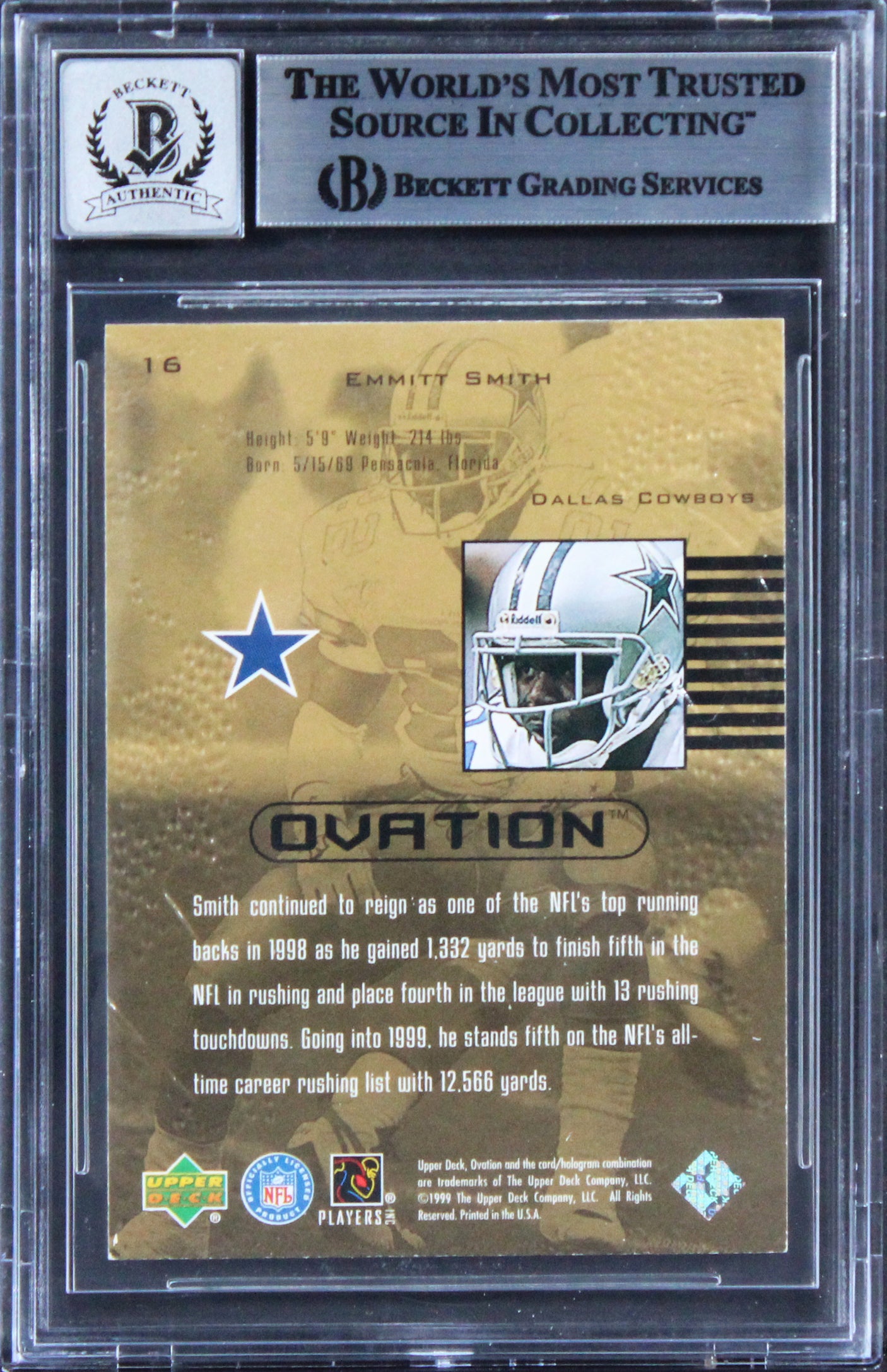 Cowboys Emmitt Smith Signed 1999 Upper Deck Ovation #16 Card Auto 10! BAS Slab