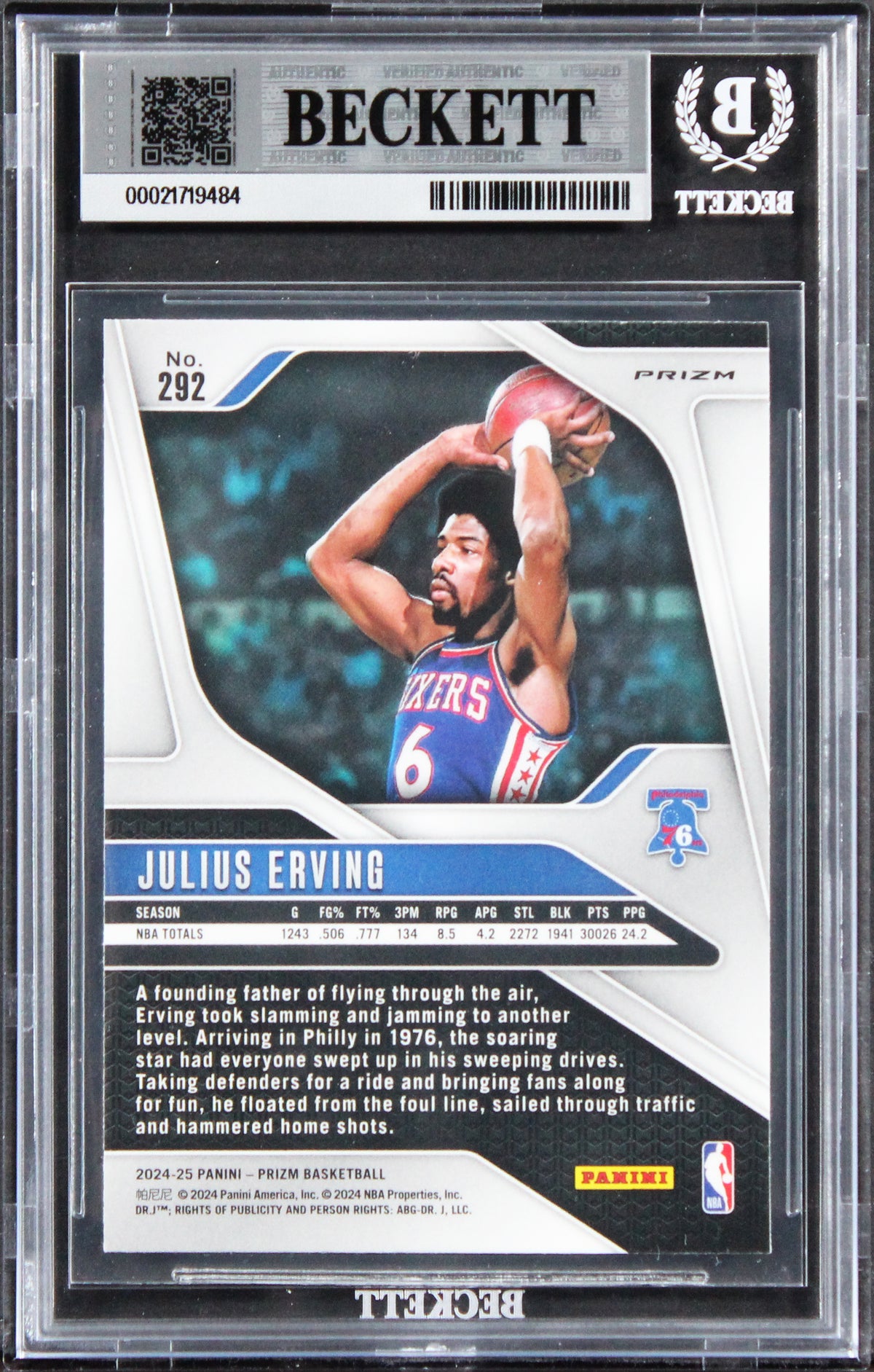76ers Julius Erving Signed 2024 Panini Prizm Red Ice #292 Card Auto 10! BAS Slab