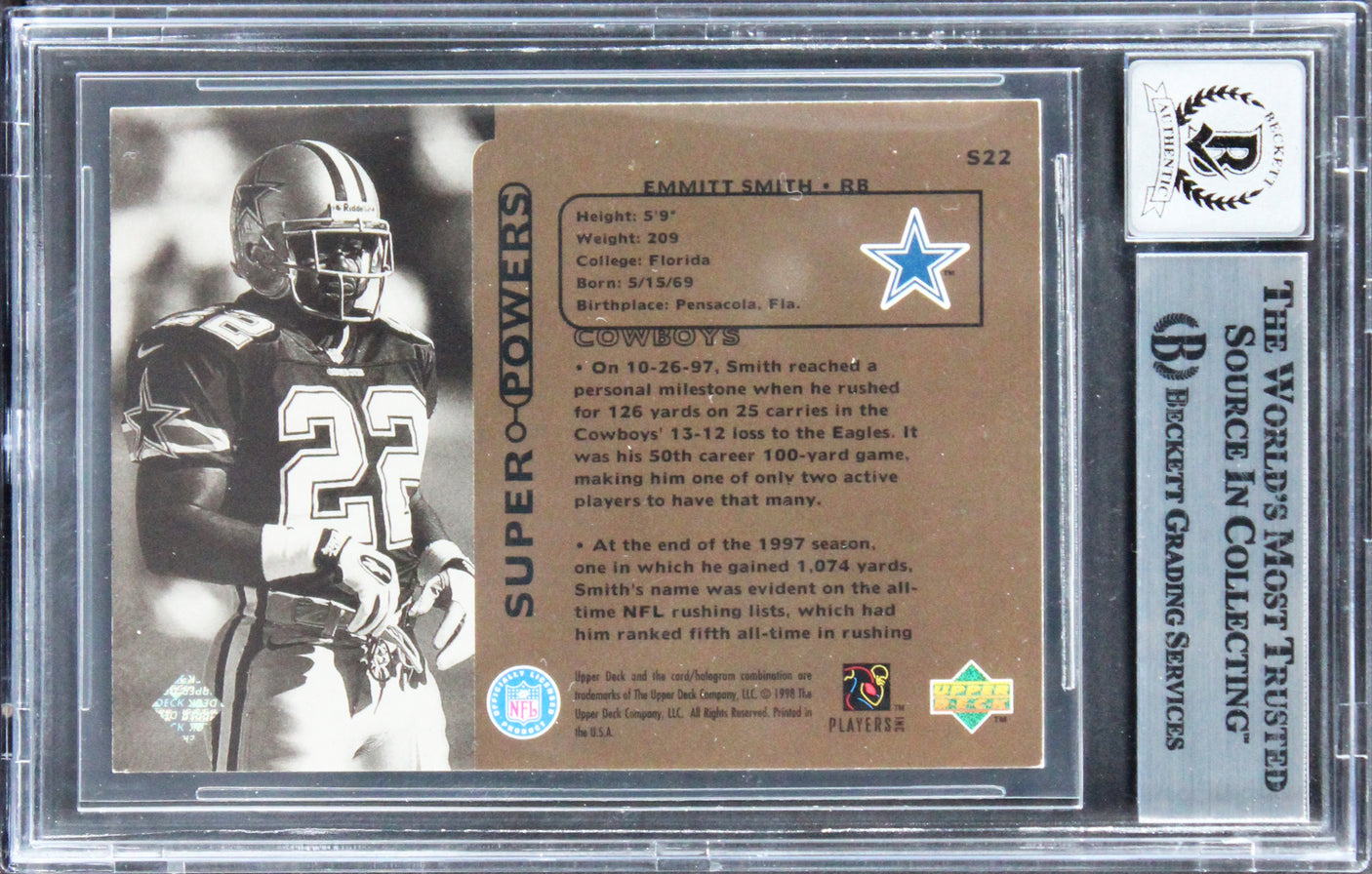 Emmitt Smith Signed 1998 Upper Deck Super Powers #S22 Card Auto 10! BAS Slabbed