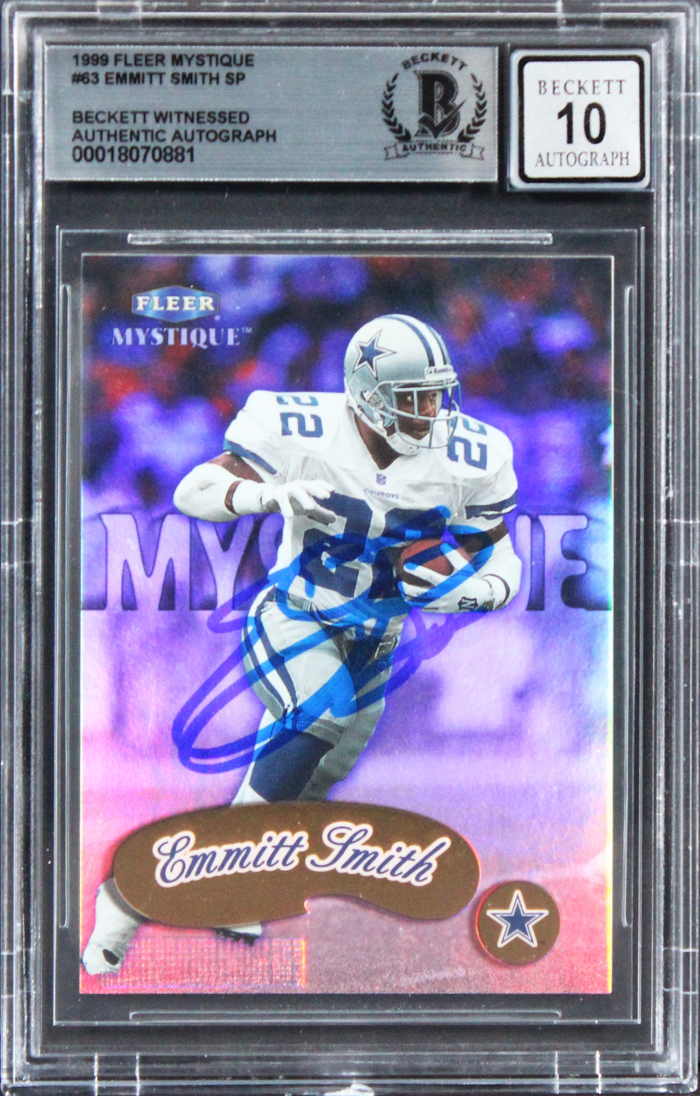 Cowboys Emmitt Smith Signed 1999 Fleer Mystique #63 Card Auto 10! BAS Slabbed