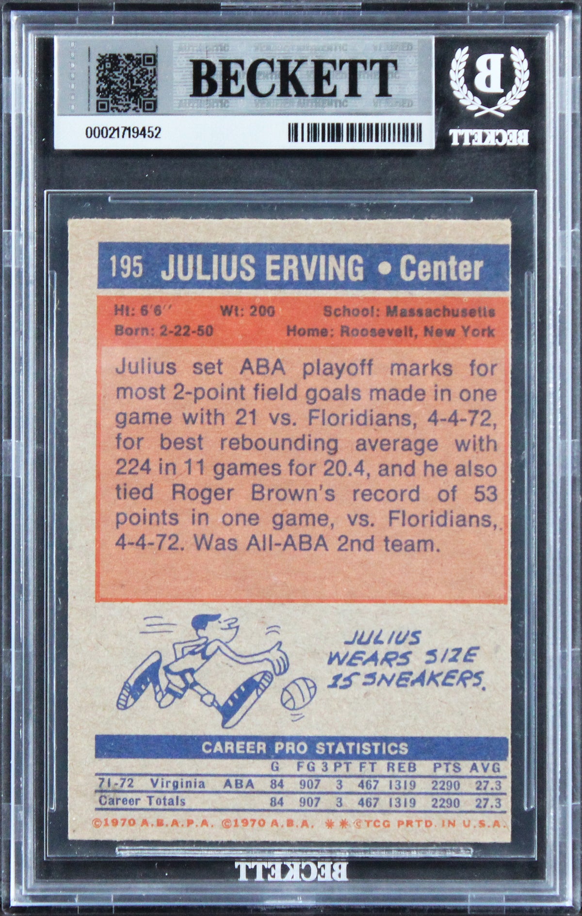 Julius Erving "2x Insc" Signed 1972 Topps #195 Rookie Card Auto 10! BAS Slabbed