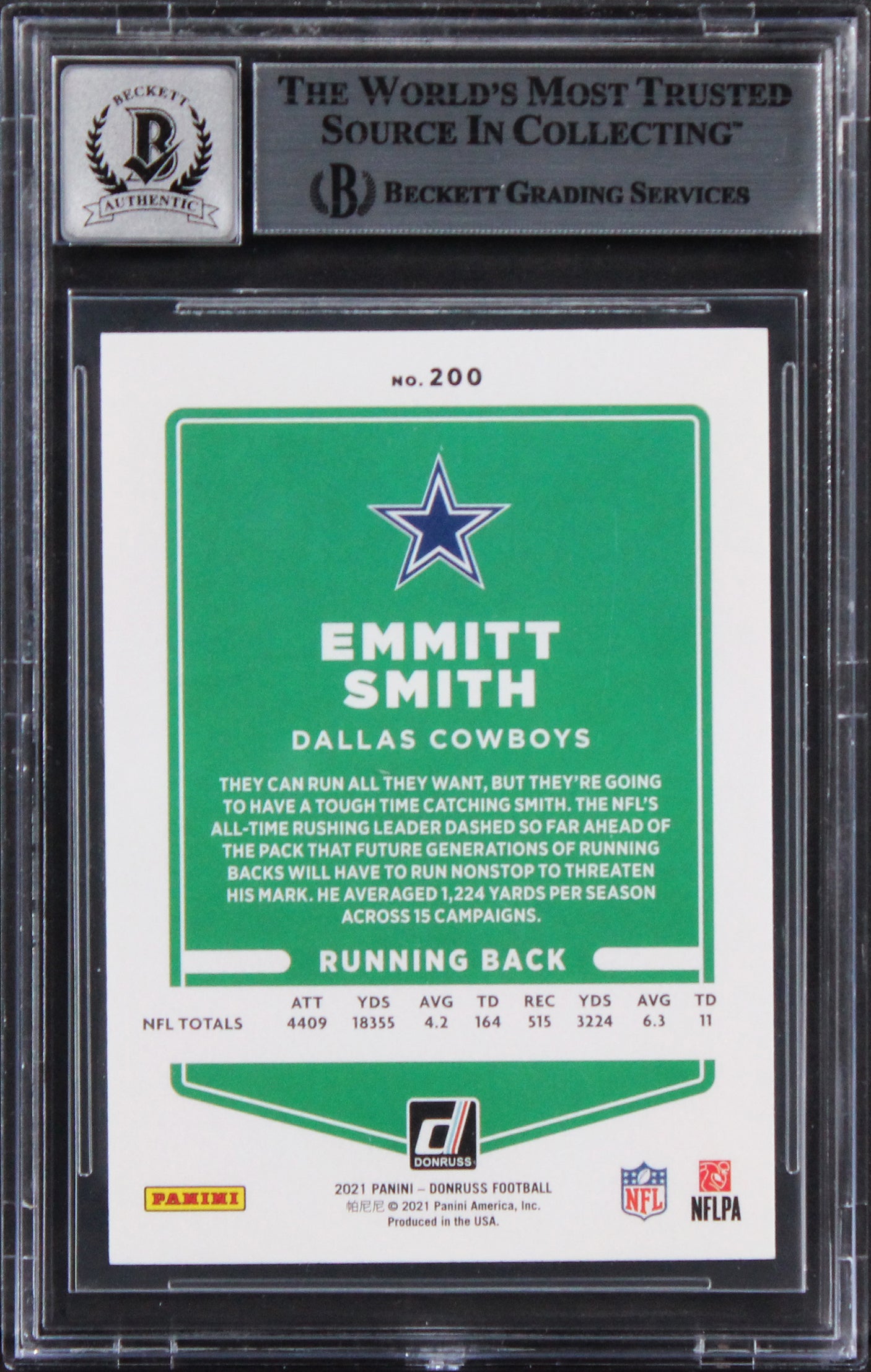 Cowboys Emmitt Smith Signed 2021 Donruss #200 Card Auto Graded 10! BAS Slabbed