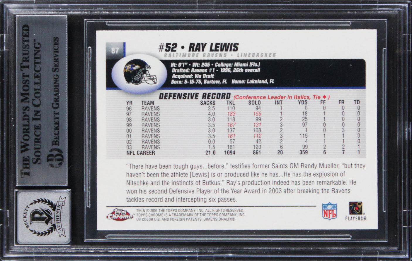 Ravens Ray Lewis Signed 2004 Topps Chrome #87 Card Auto Graded 10! BAS Slabbed