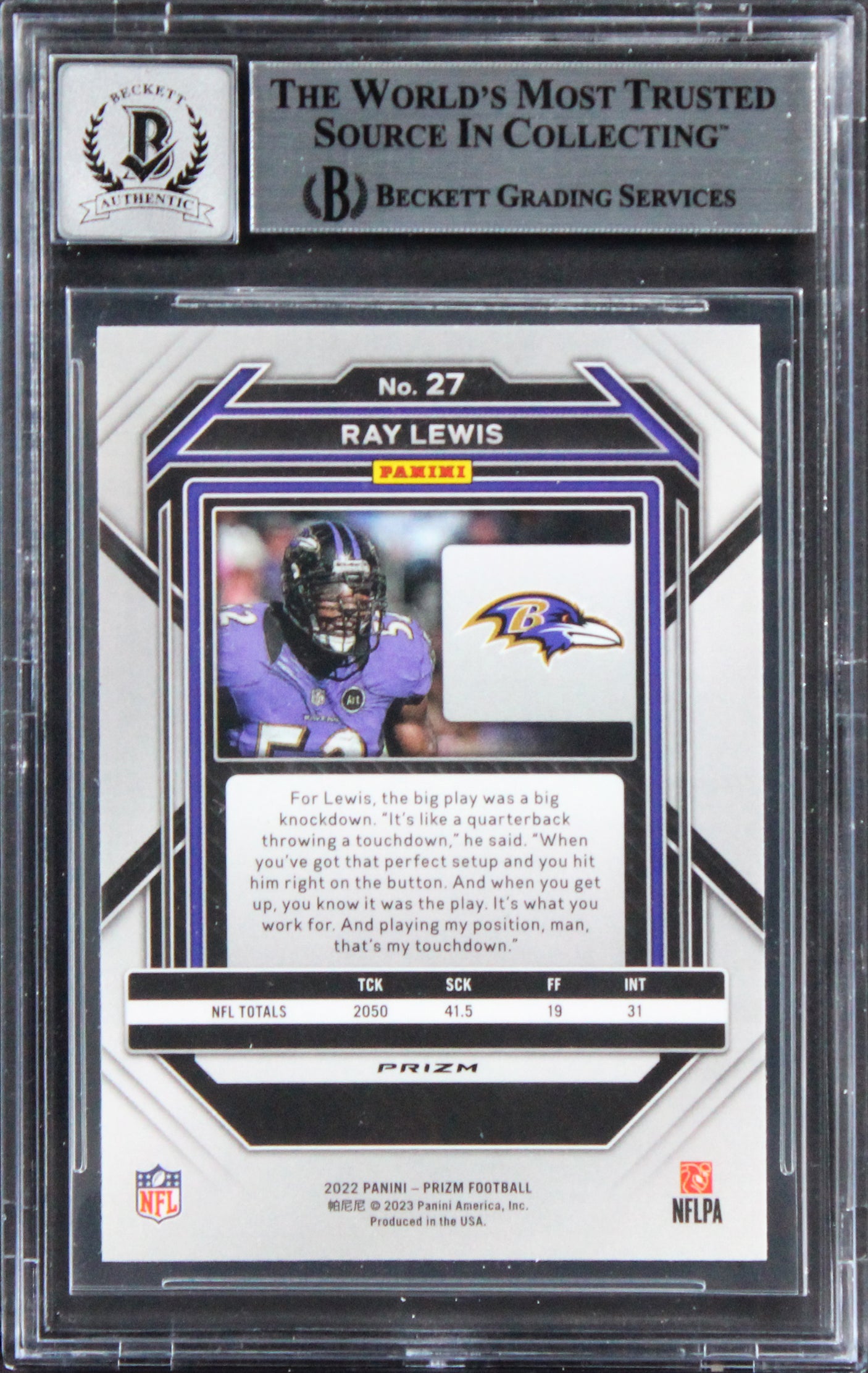 Ravens Ray Lewis Signed 2022 Panini Prizm RWB #27 Card Auto Gem 10! BAS Slabbed