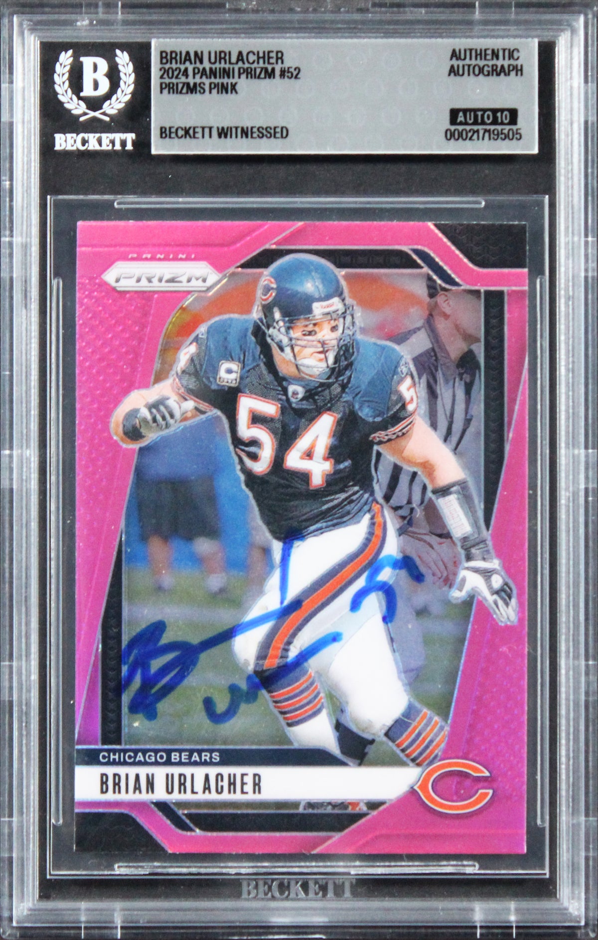Bears Brian Urlacher Signed 2024 Panini Prizm Pink #52 Card Auto 10! BAS Slabbed