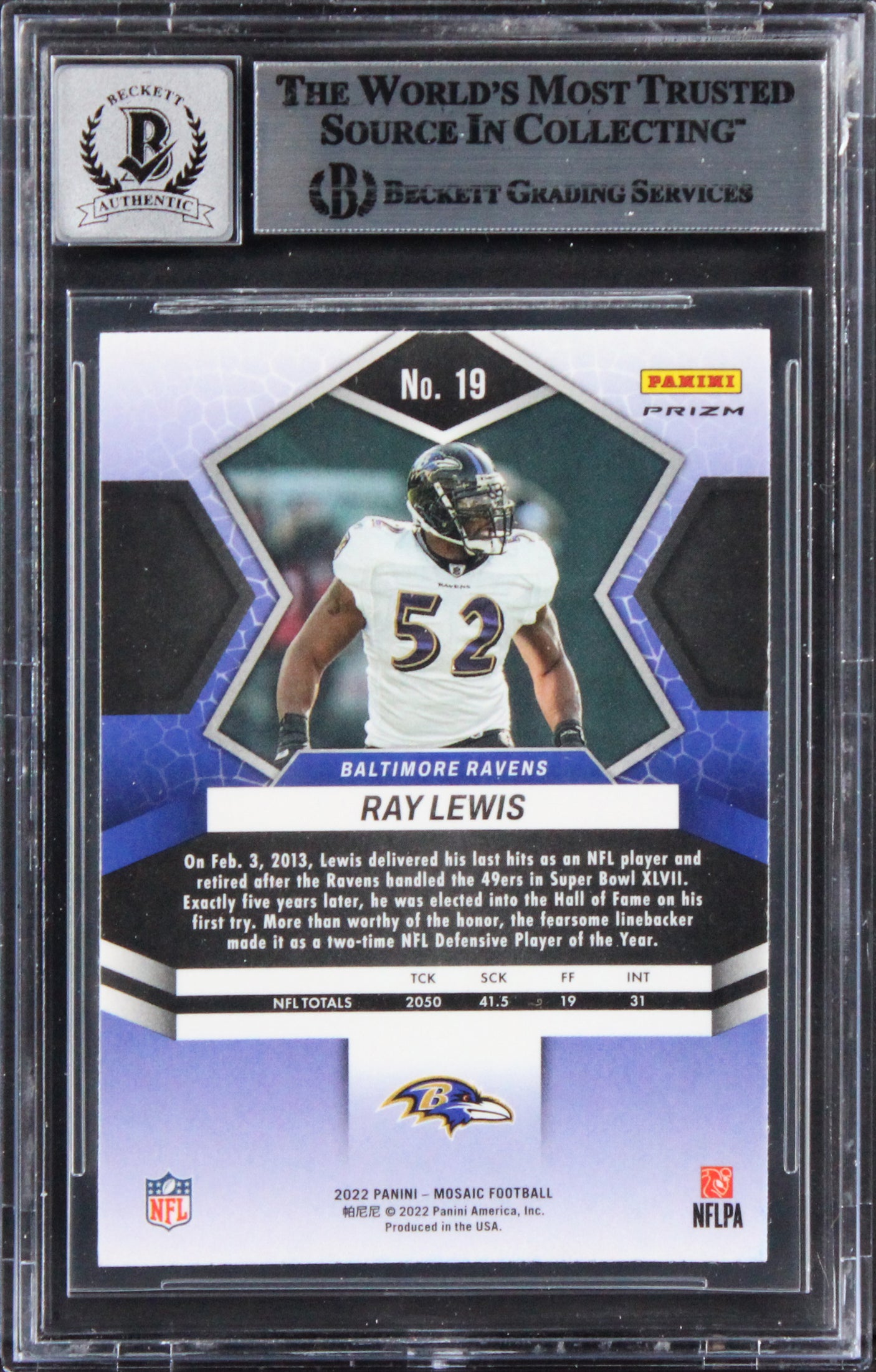 Ravens Ray Lewis Signed 2022 Panini Mosaic #19 Card Auto Graded 10! BAS Slabbed