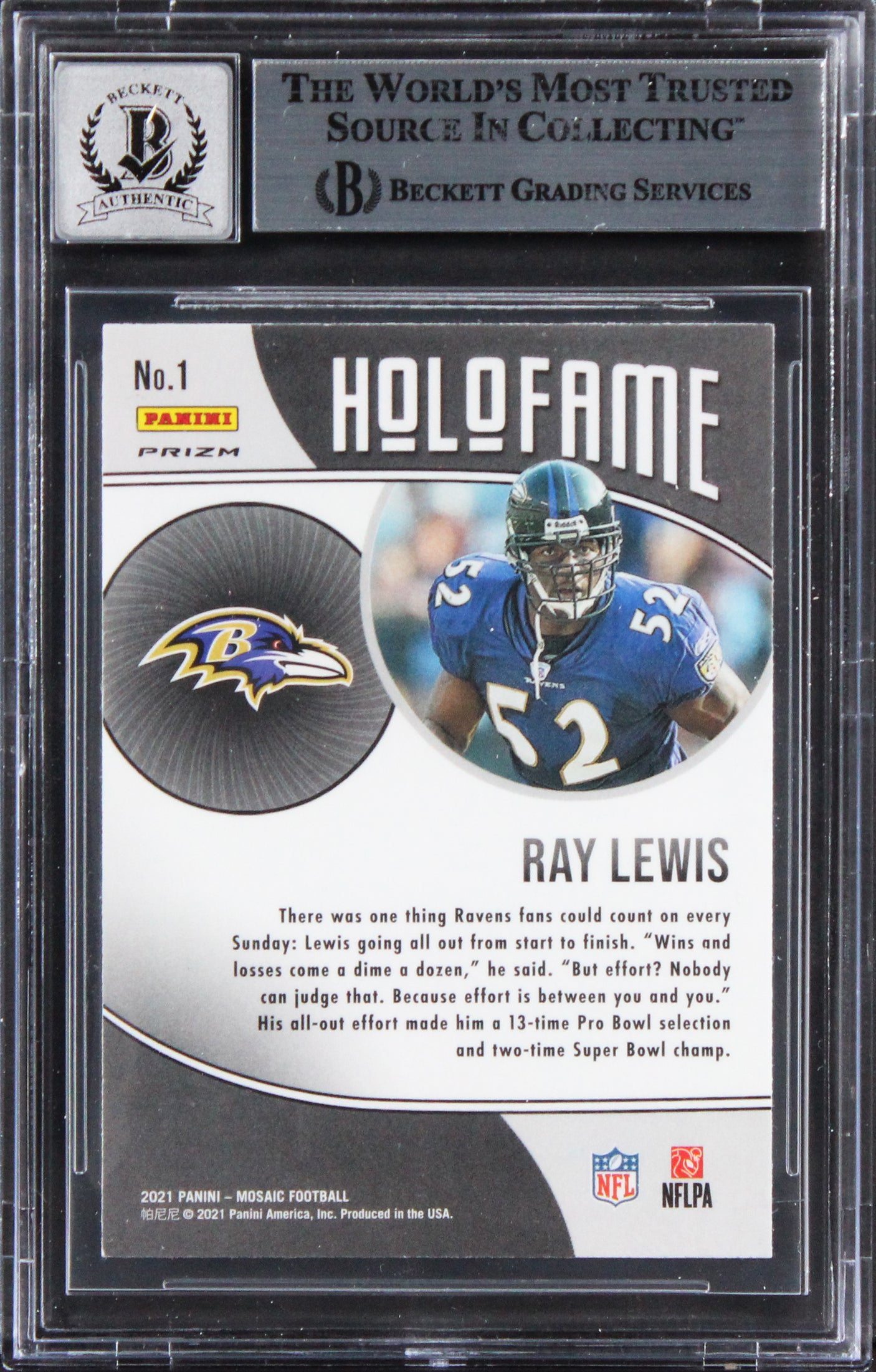 Ravens Ray Lewis Signed 2021 Panini Mosaic Holofame #1 Card Auto 10! BAS Slabbed