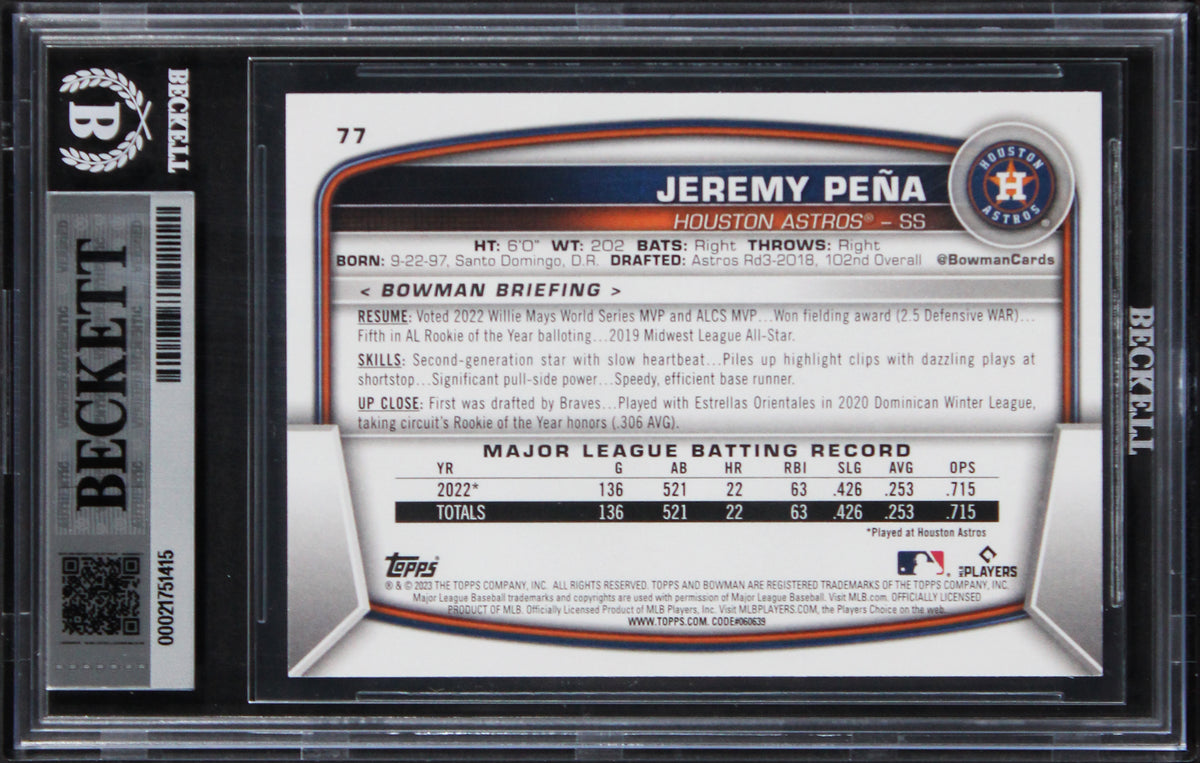 Astros Jeremy Pena Authentic Signed 2023 Bowman #77 Card Autographed BAS Slabbed