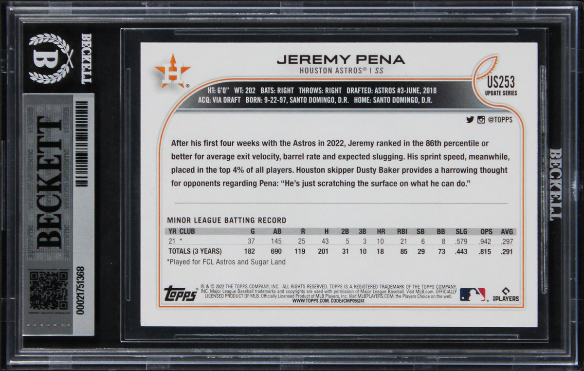 Astros Jeremy Pena Signed 2022 Topps Update #US253 Rookie Card BAS Slabbed