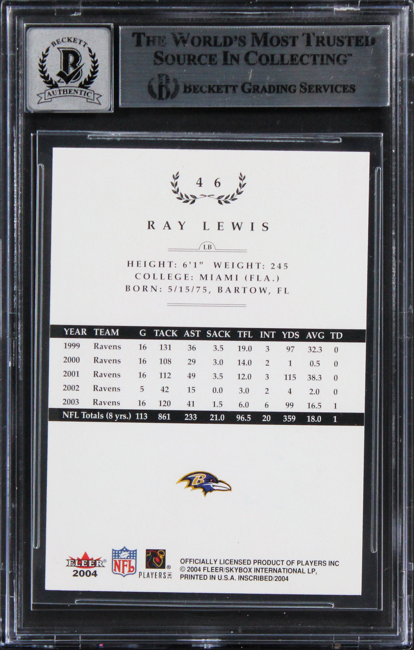 Ravens Ray Lewis Signed 2004 Fleer Inscribed #46 Card Auto Grade 10! BAS Slabbed