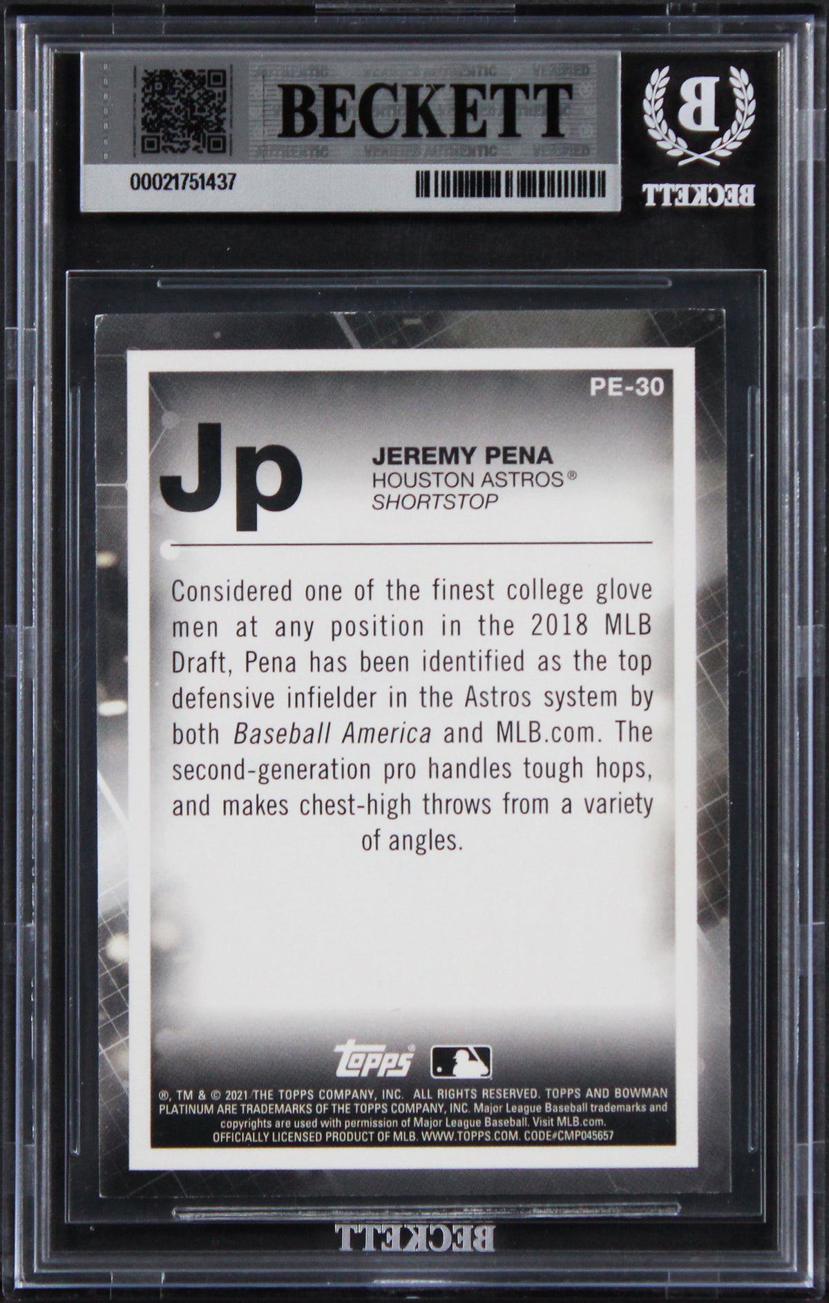 Astros Jeremy Pena Signed 2021 Bowman Platinum Elements #PE30 Card BAS Slabbed