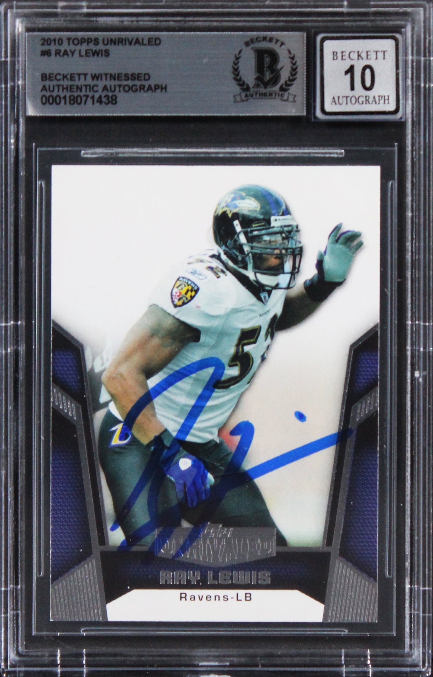 Ravens Ray Lewis Signed 2010 Topps Unrivaled #6 Card Auto Graded 10! BAS Slabbed