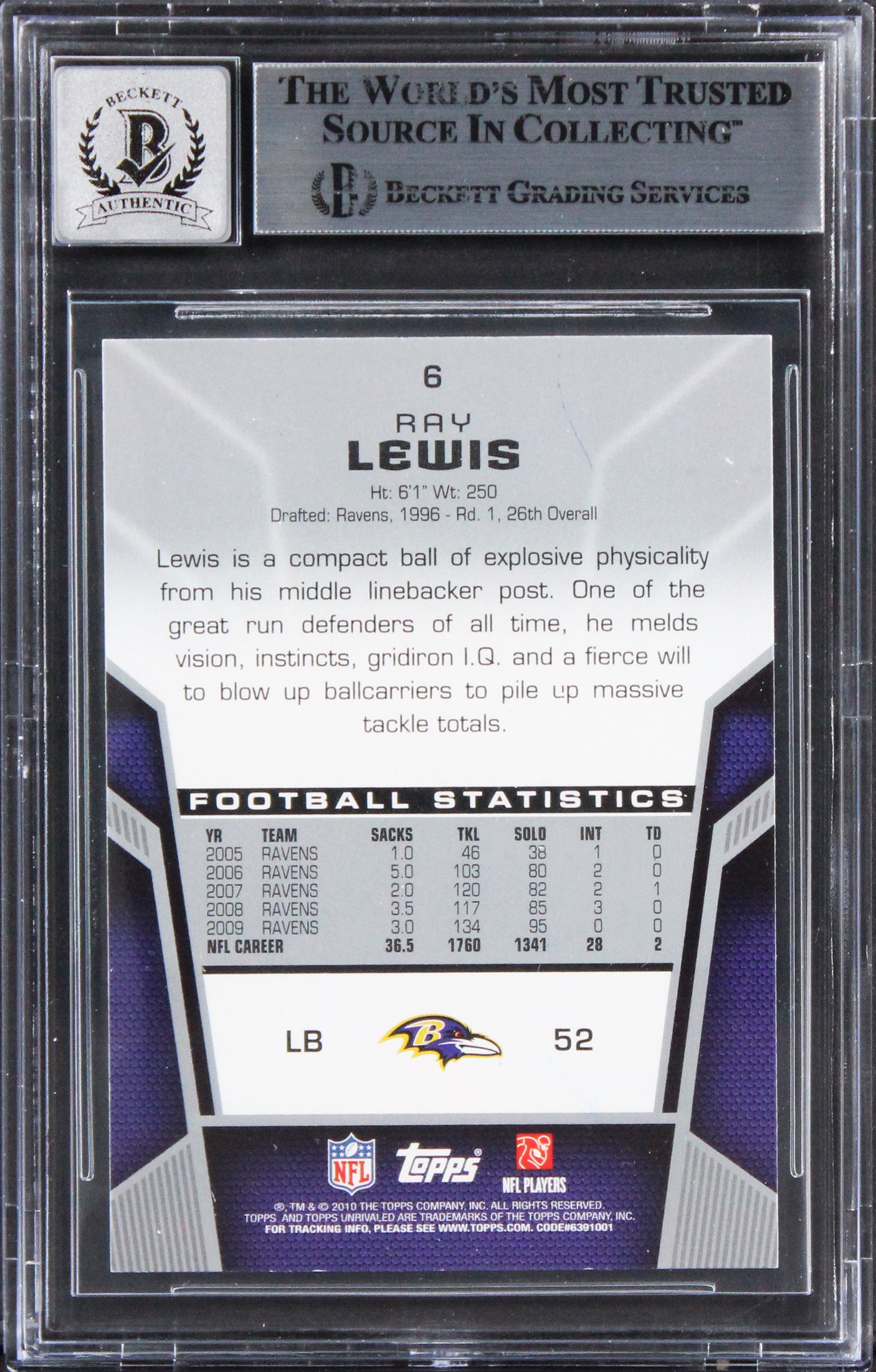 Ravens Ray Lewis Signed 2010 Topps Unrivaled #6 Card Auto Graded 10! BAS Slabbed