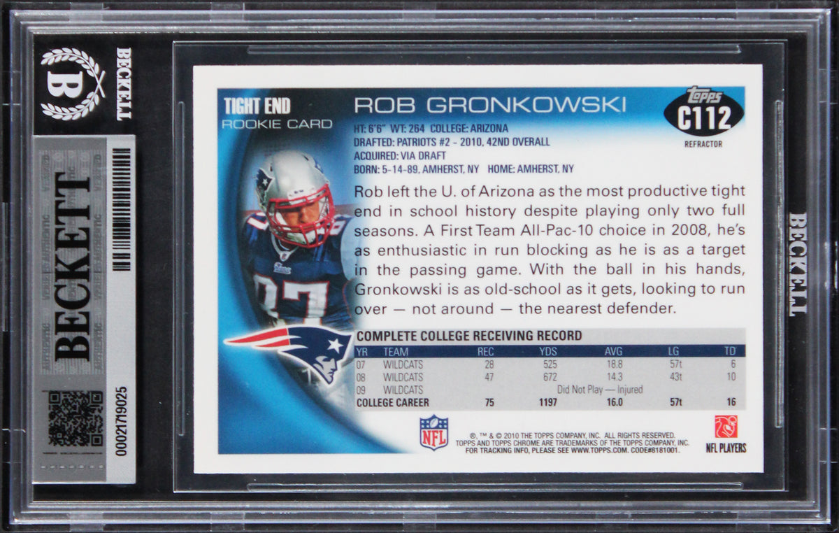 Patriots Rob Gronkowski Signed 2010 Topps Chrome #C112 RC Card Auto 10! BAS Slab