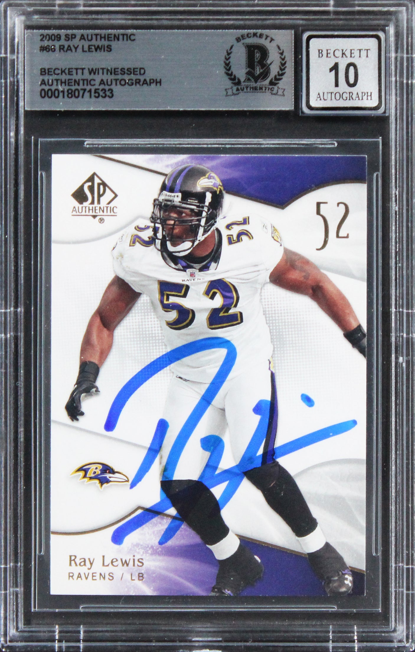 Ravens Ray Lewis Signed 2009 SP Authentic #66 Card Auto Graded 10! BAS Slabbed