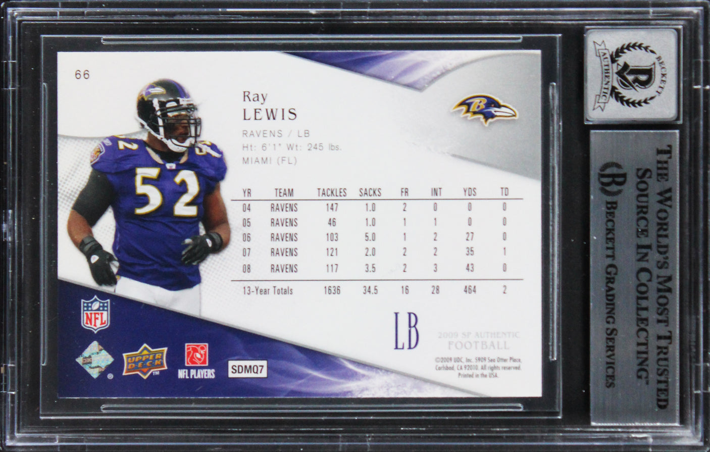 Ravens Ray Lewis Signed 2009 SP Authentic #66 Card Auto Graded 10! BAS Slabbed