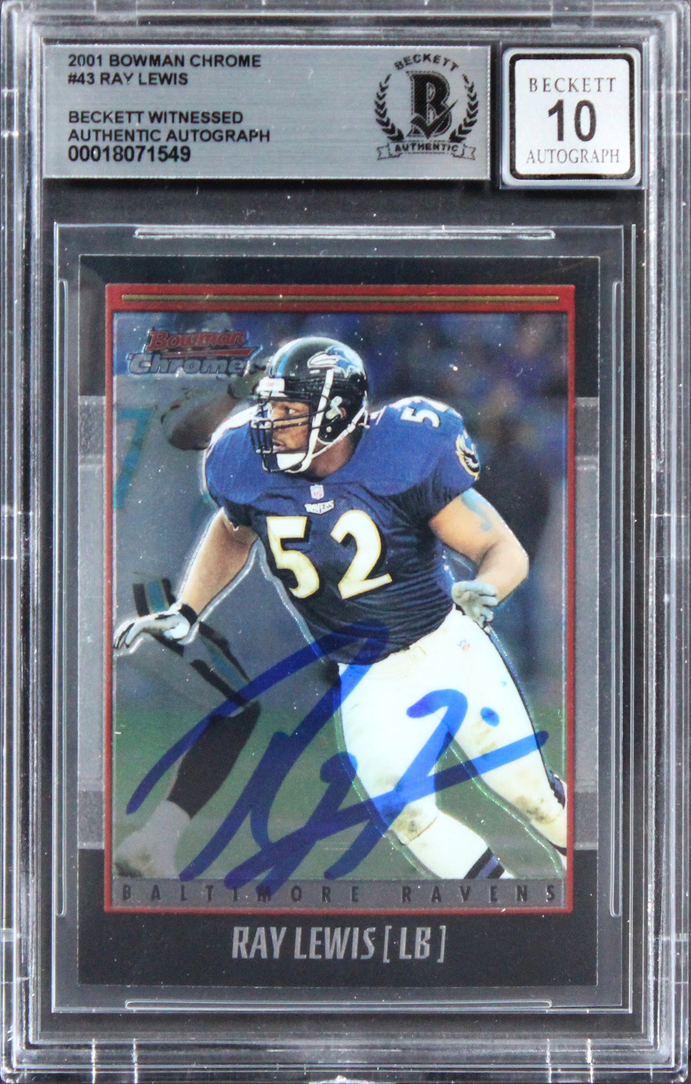 Ravens Ray Lewis Signed 2001 Bowman Chrome #43 Card Auto Graded 10! BAS Slabbed