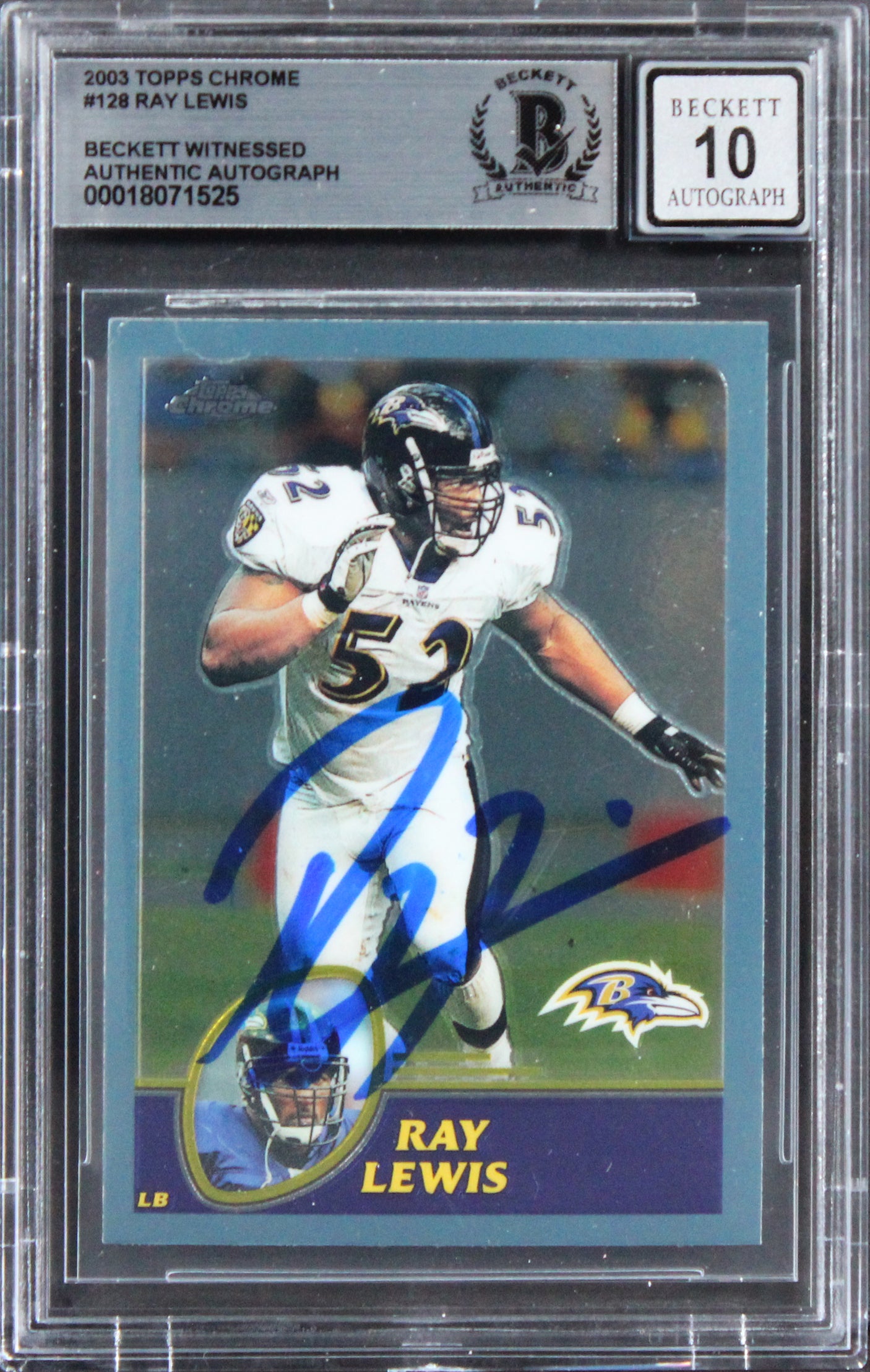 Ravens Ray Lewis Signed 2003 Topps Chrome #128 Card Auto Graded 10! BAS Slabbed