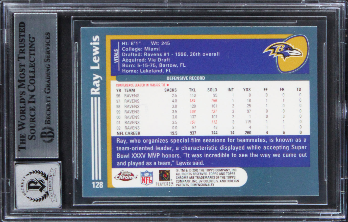 Ravens Ray Lewis Signed 2003 Topps Chrome #128 Card Auto Graded 10! BAS Slabbed