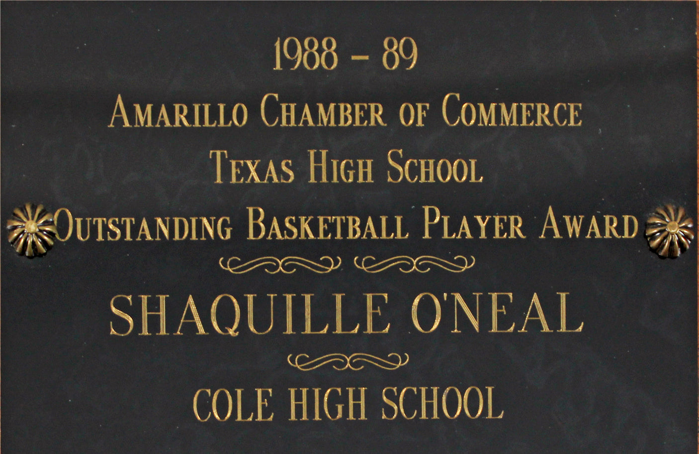 Shaquille O'Neal 1989 Texas HS Outstanding Basketball Player Award Plaque BAS W