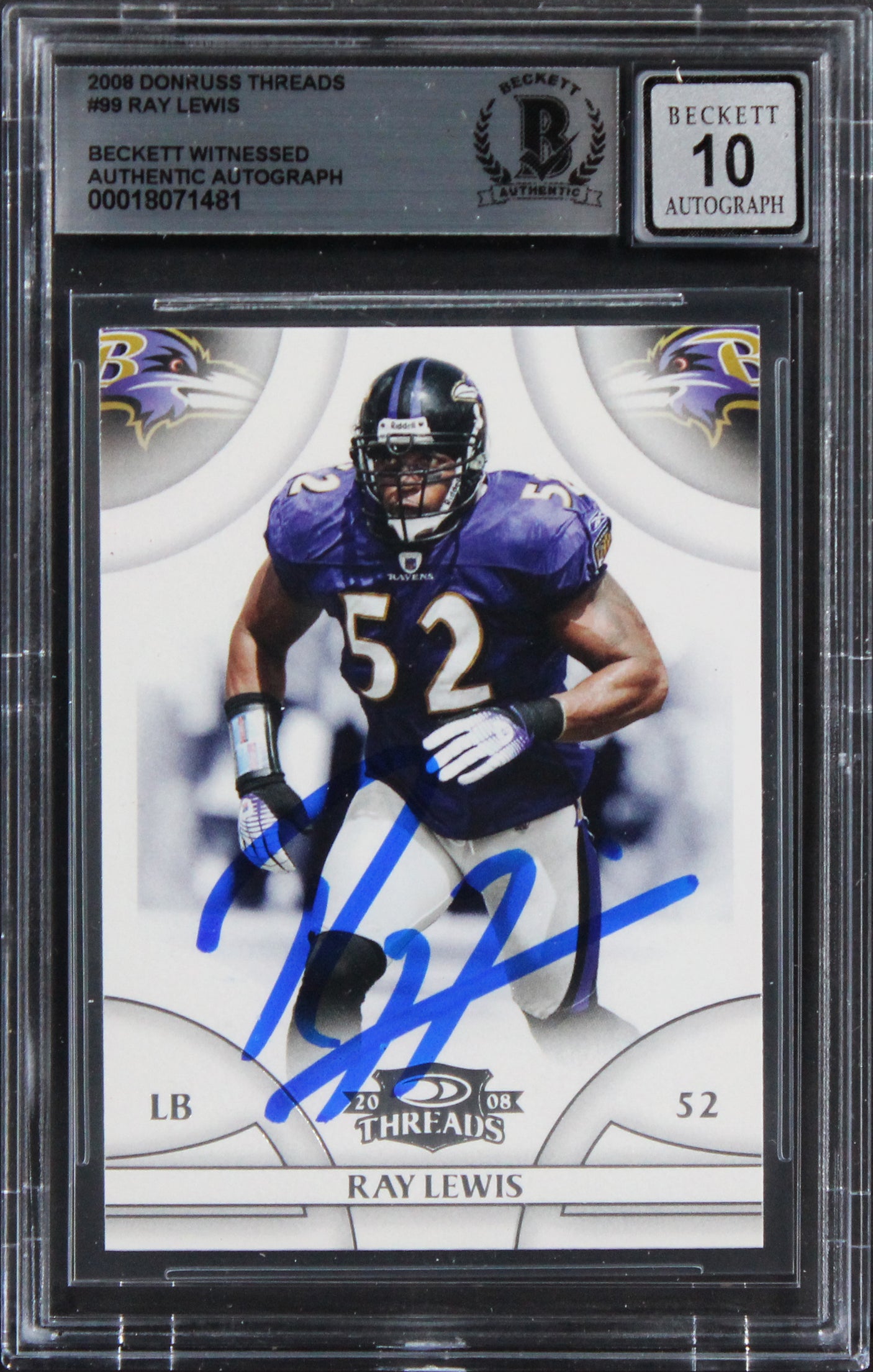 Ravens Ray Lewis Signed 2008 Donruss Threads #99 Card Auto Grade 10! BAS Slabbed