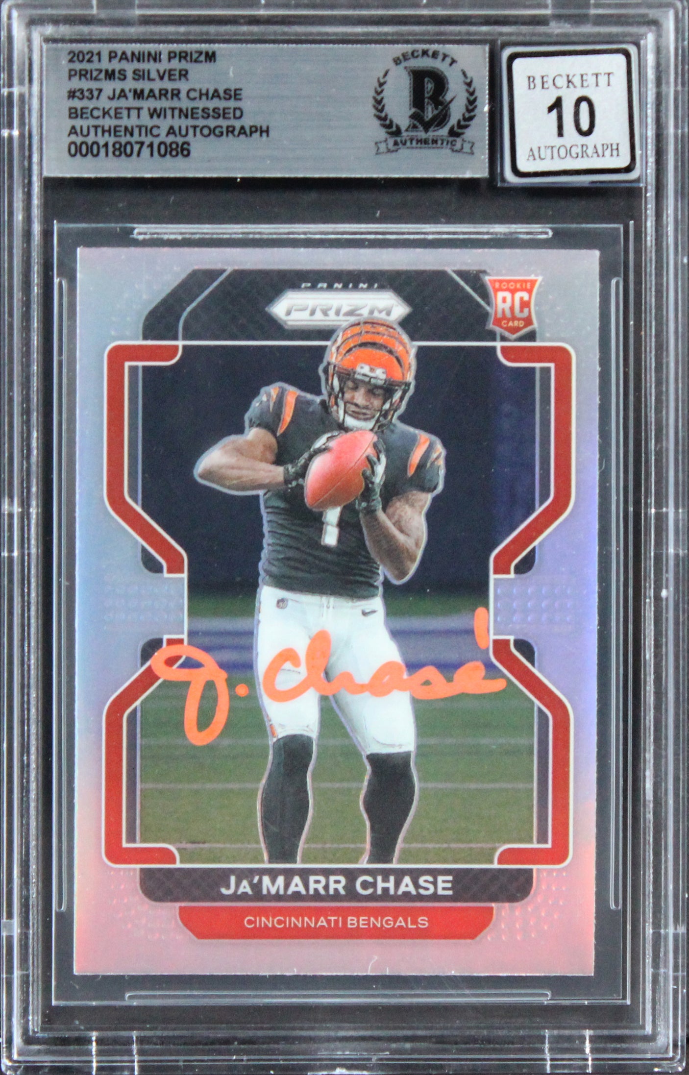 Bengals Ja'Marr Chase Signed 2021 Panini Prizm Silv #337 Card Auto 10! BAS Slab