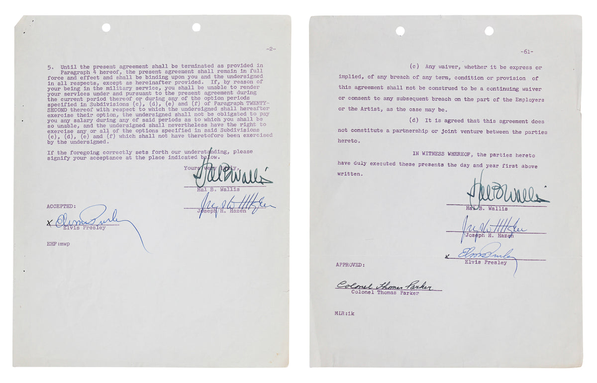 Elvis Presley Authentic 2x Signed 1958 G.I. Blues Contract PSA & JSA LOAs