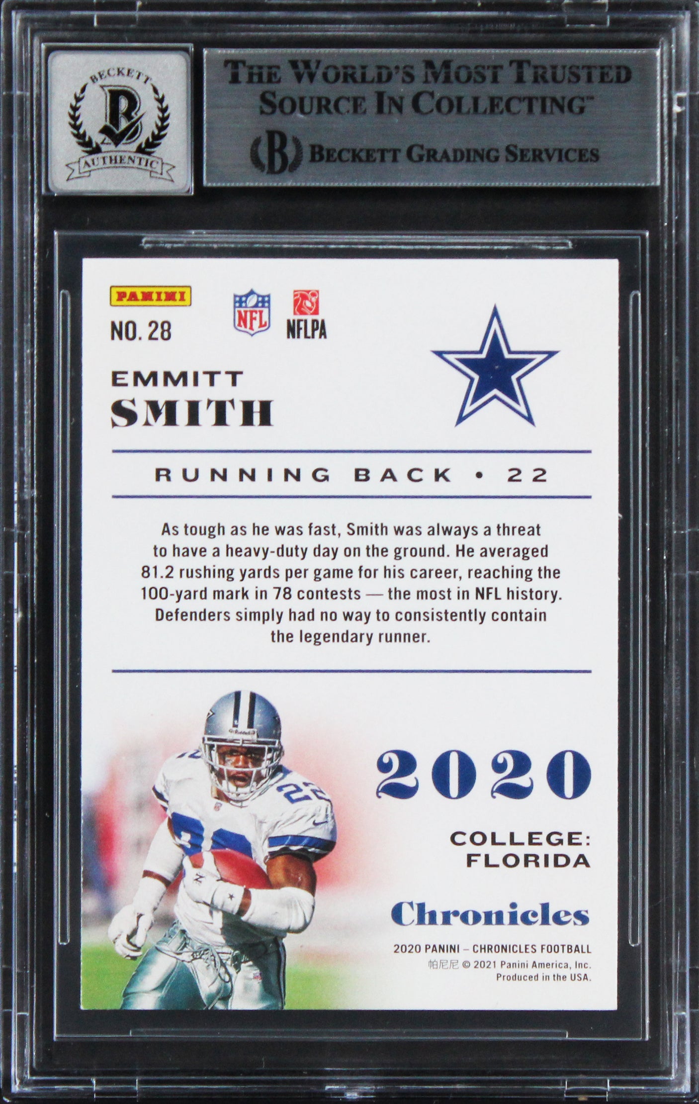 Cowboys Emmitt Smith Signed 2020 Panini Chronicles #28 Card Auto 10! BAS Slabbed