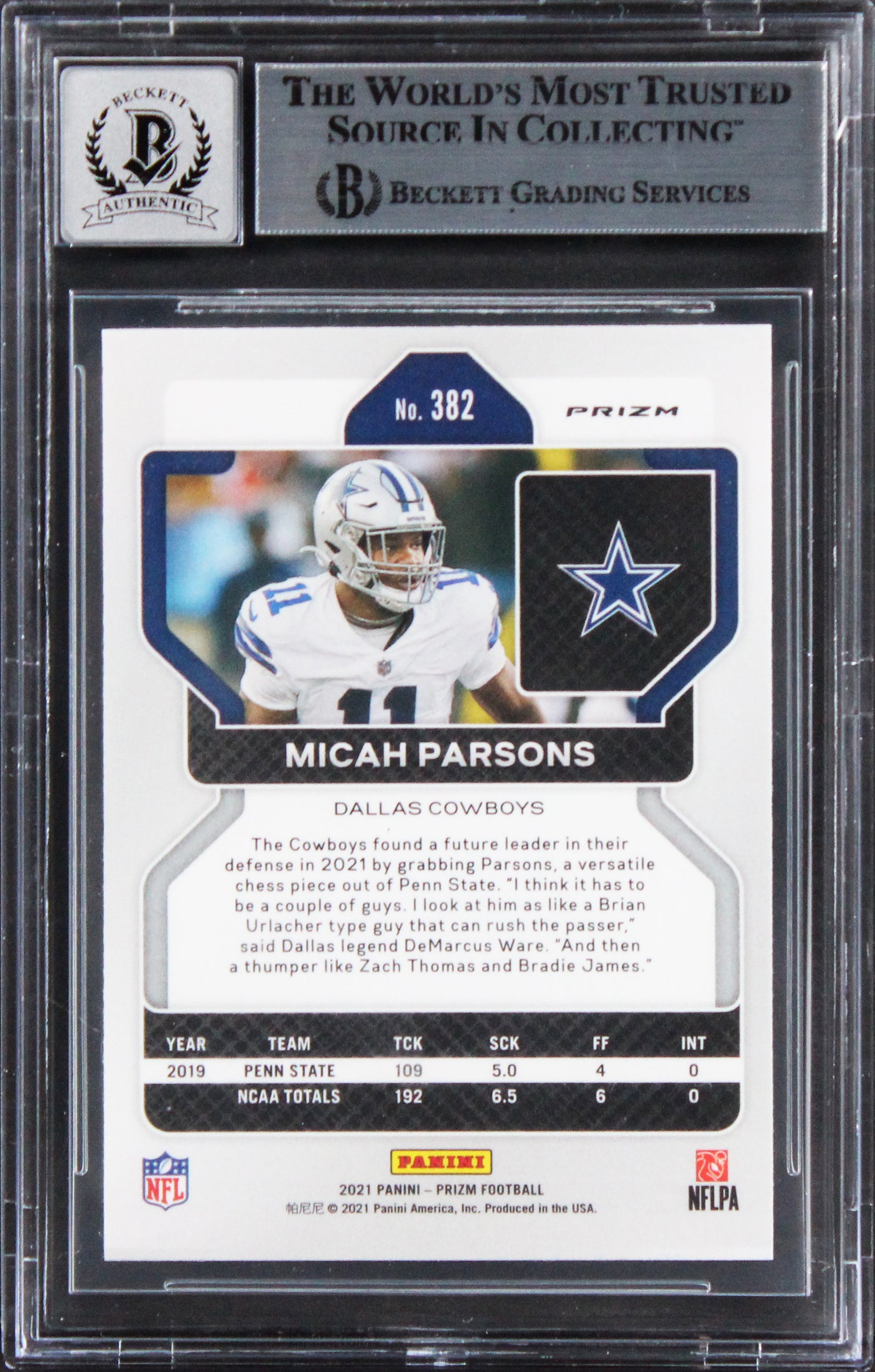 Micah Parsons Signed 2021 Panini Prizm Silver #382 RC Card Auto 10! BAS Slabbed