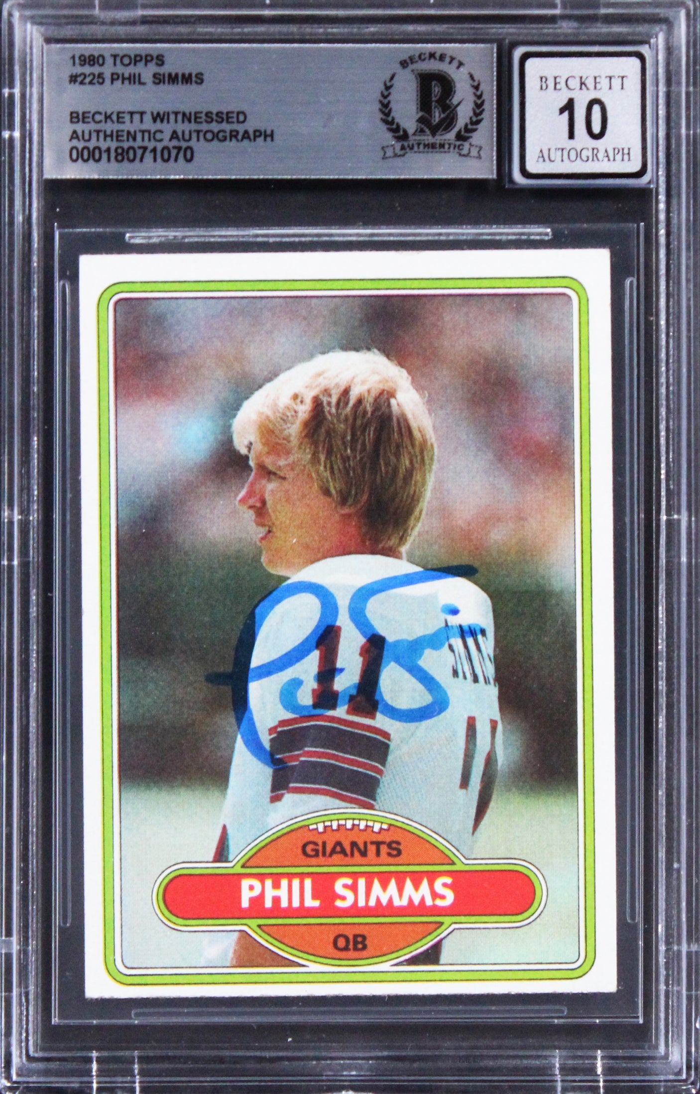 Giants Phil Simms Signed 1980 Topps #225 Card Auto Graded Mint 10! BAS Slabbed